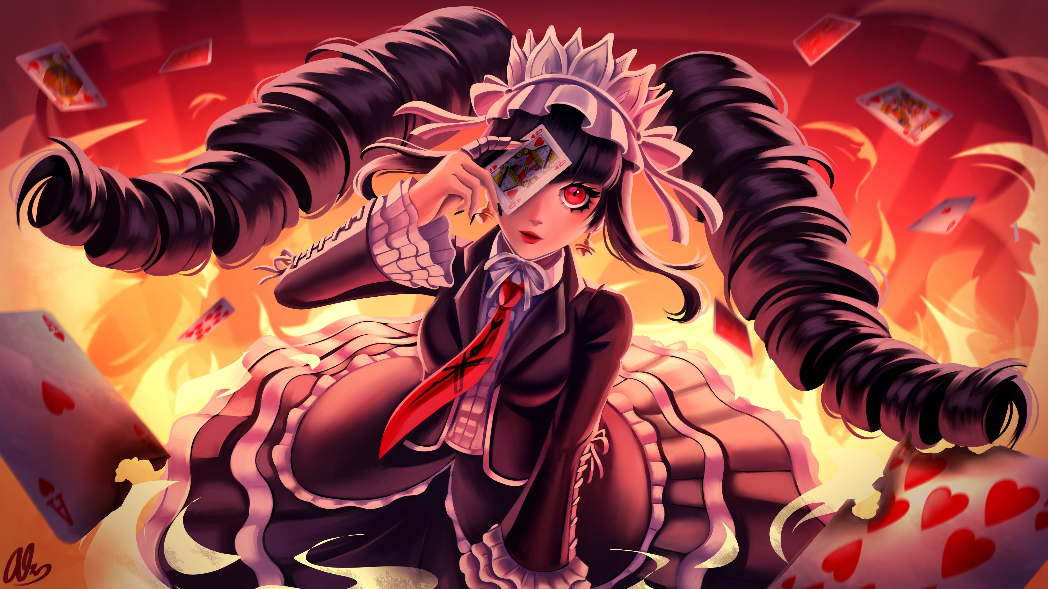 Celestia Ludenberg from Danganronpa with cards and fire HD Wallpaper