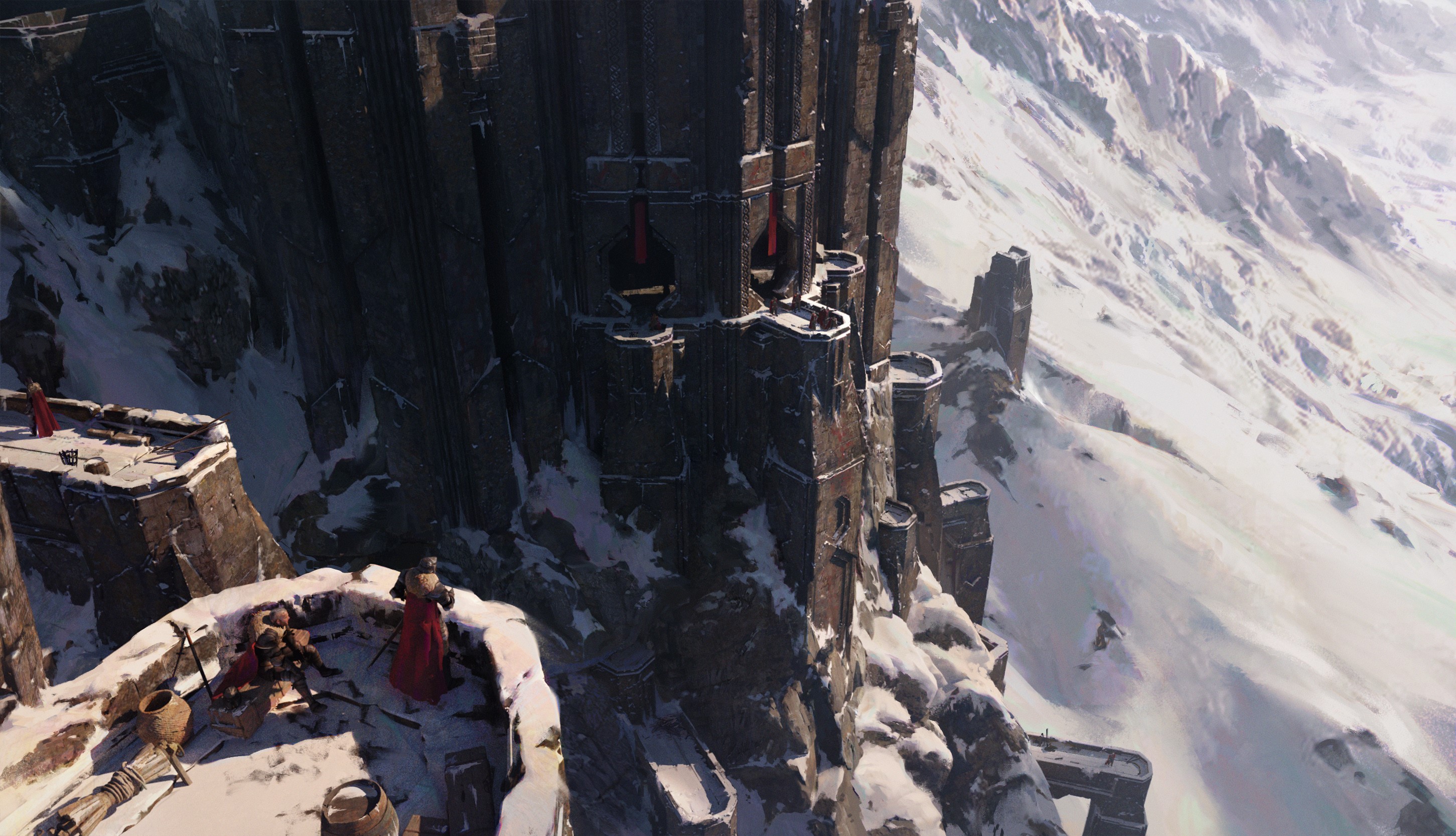 Castle on a snowy mountain with knights HD Wallpaper