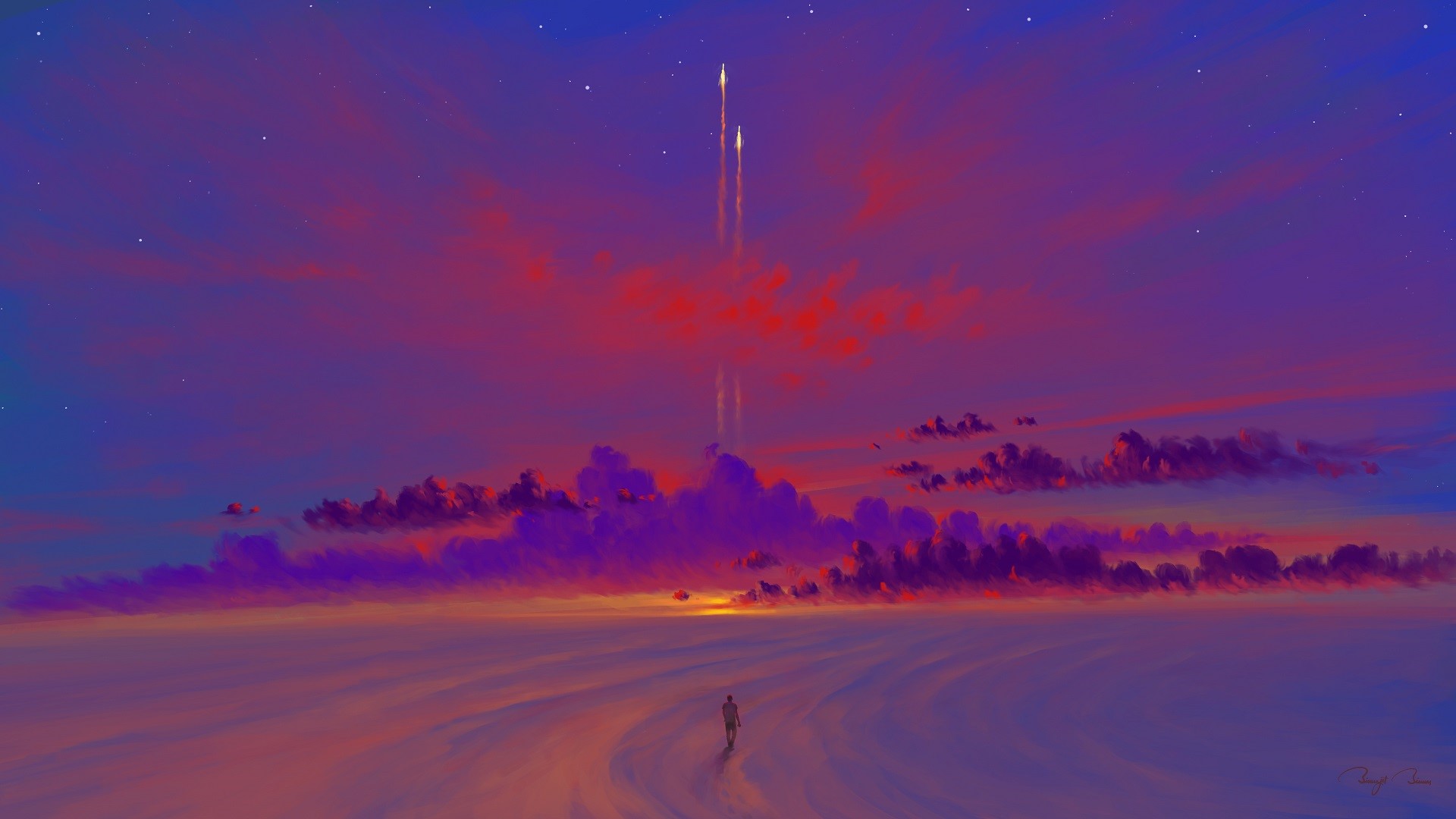 Digital art landscape with rockets launching at sunset HD Wallpaper