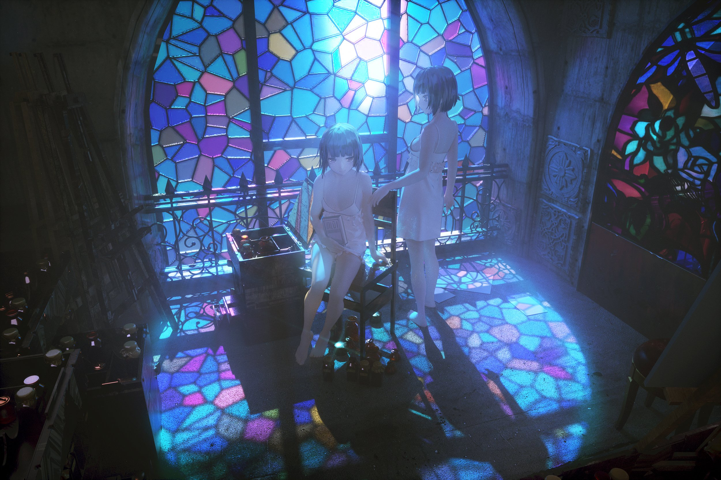 Anime girls in white dresses in a room with stained glass windows HD Wallpaper