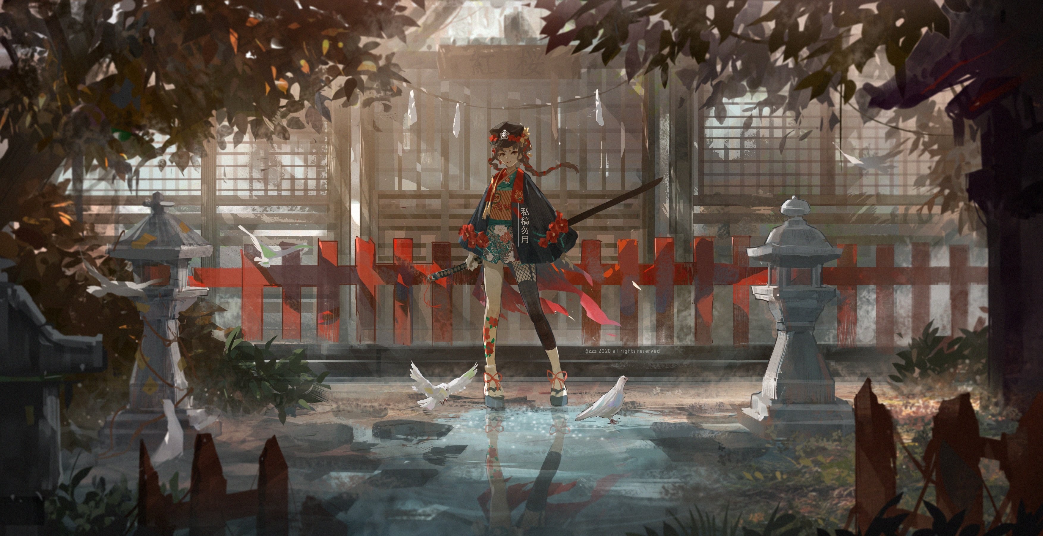 Amiya from Arknights at a shrine with doves HD Wallpaper