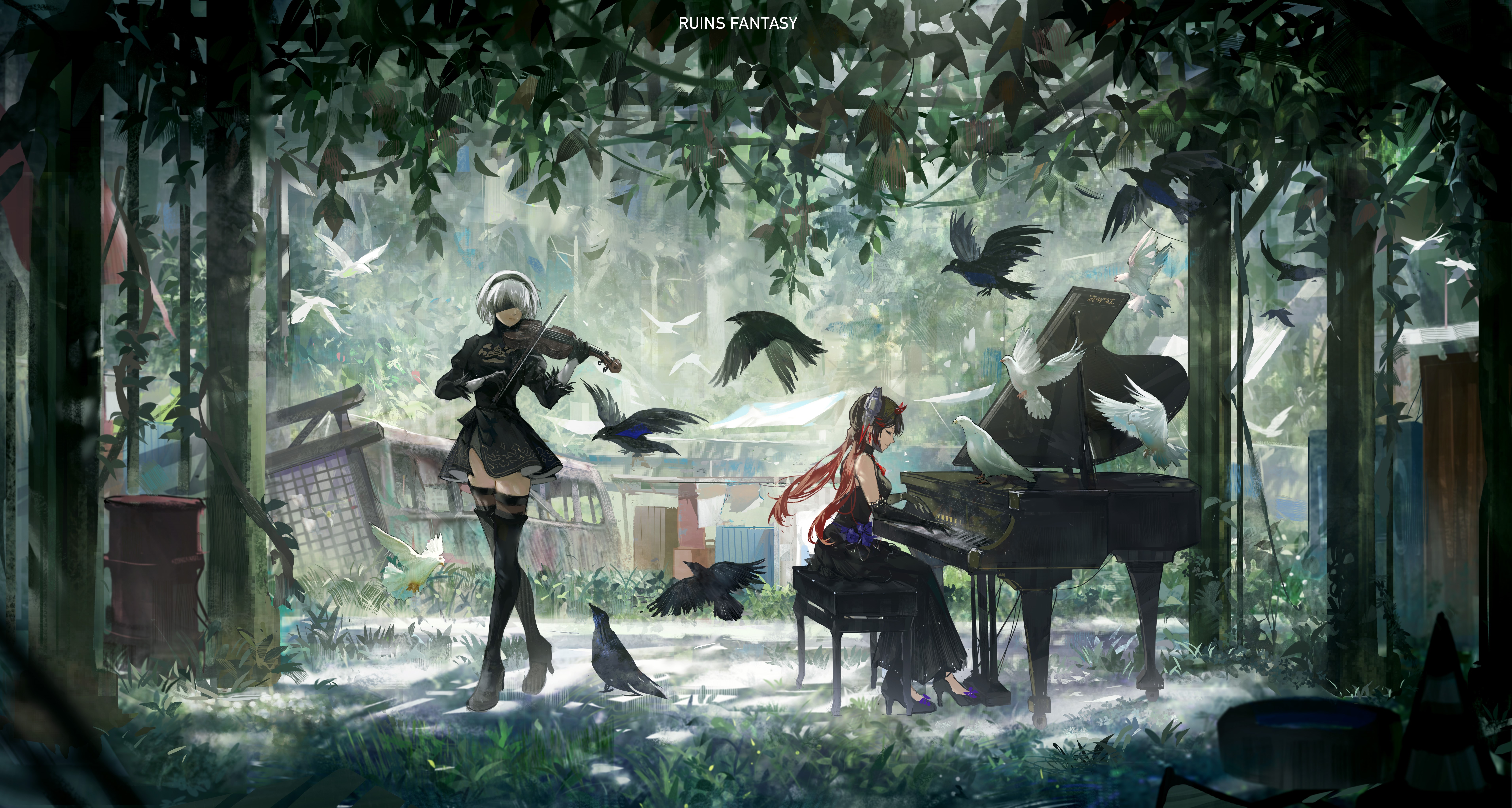 2B from NieR: Automata and a woman playing piano with birds HD Wallpaper