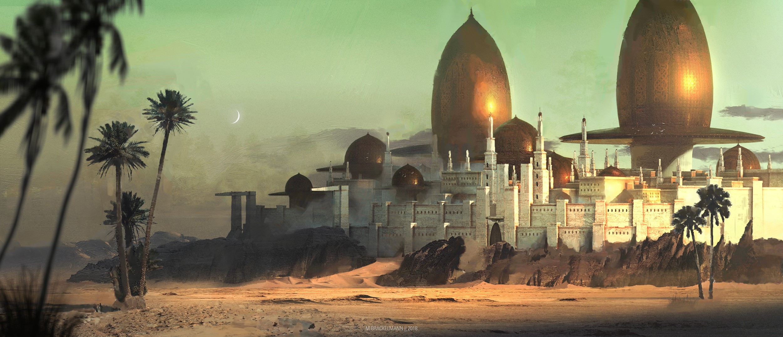 Fantasy desert city with golden domes and palm trees HD Wallpaper