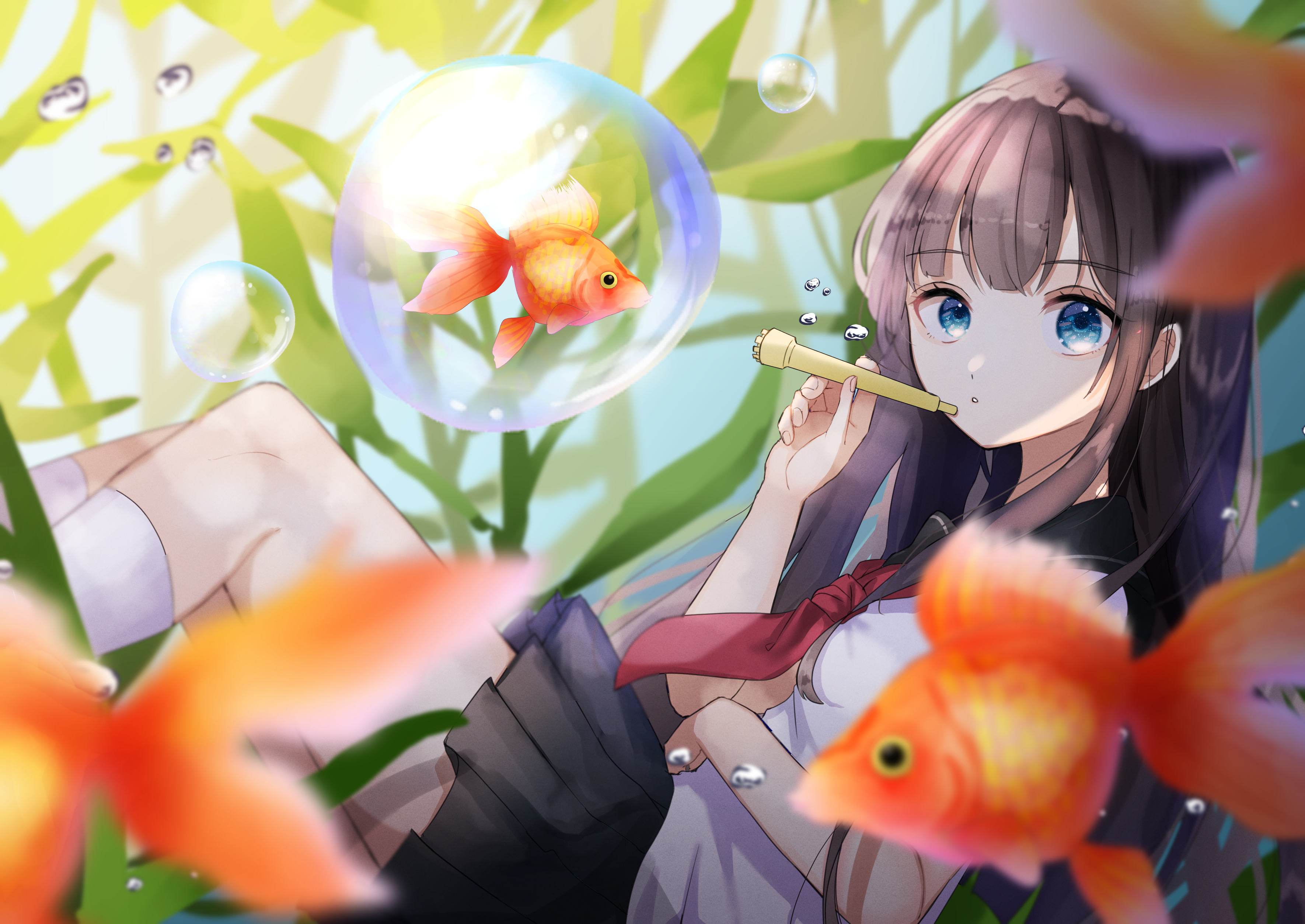 Anime girl with goldfish and bubbles HD Wallpaper