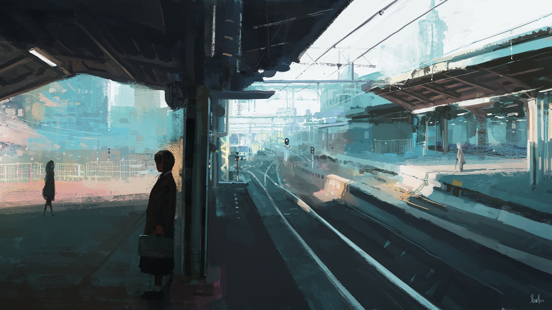 Train station platform with people and trains HD Wallpaper