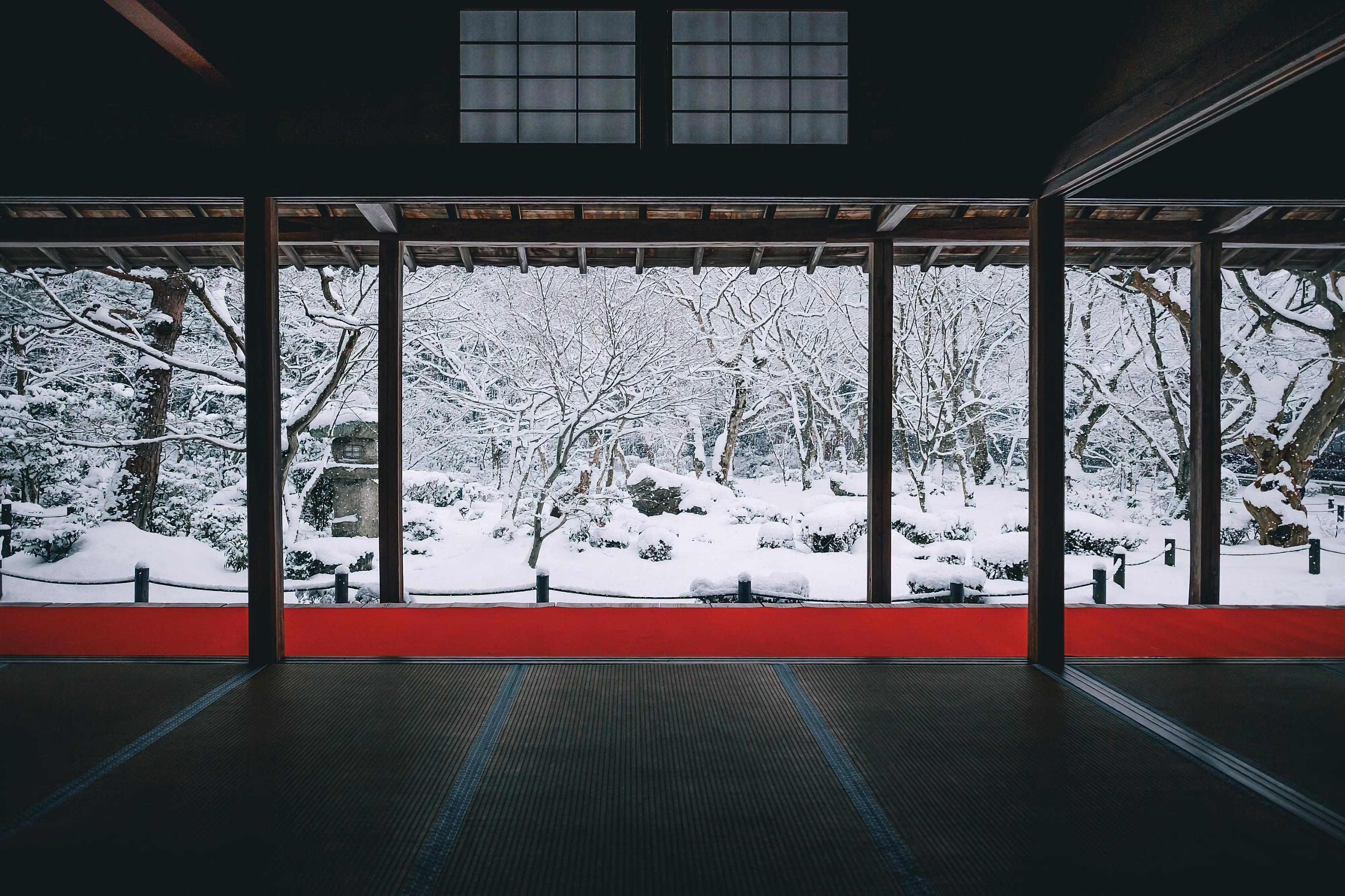 Japanese garden with snow and Asian architecture HD Wallpaper