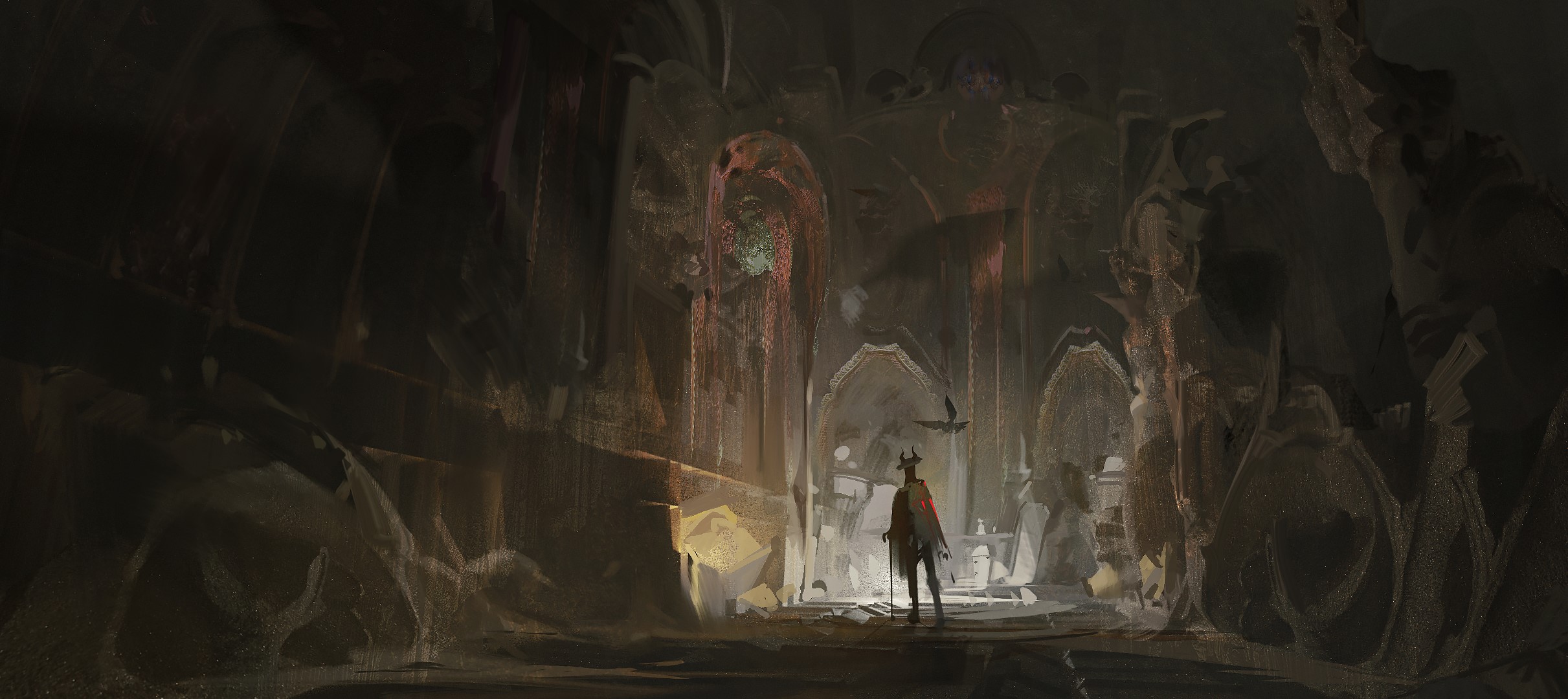 Figure in a dark, cavernous hall HD Wallpaper