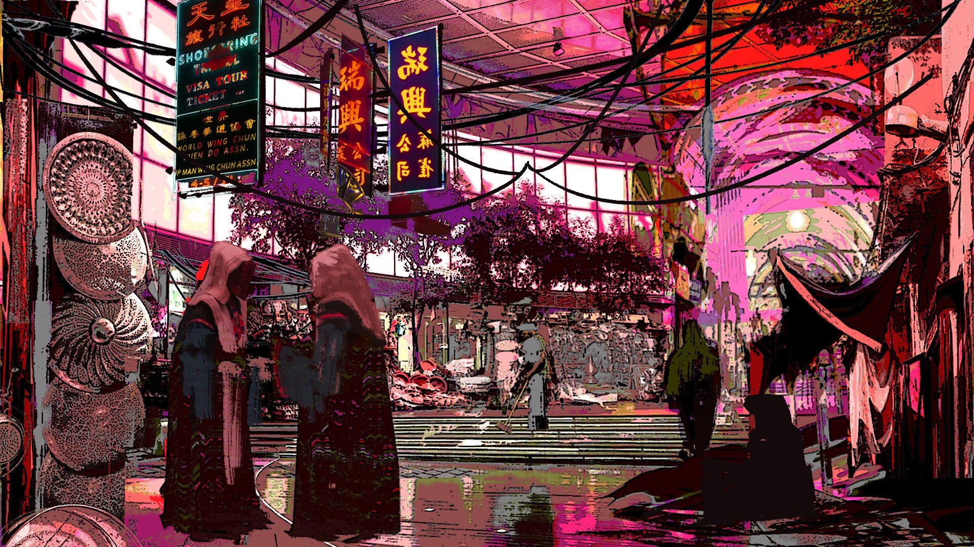 Digital art of a wet street market in Hong Kong HD Wallpaper