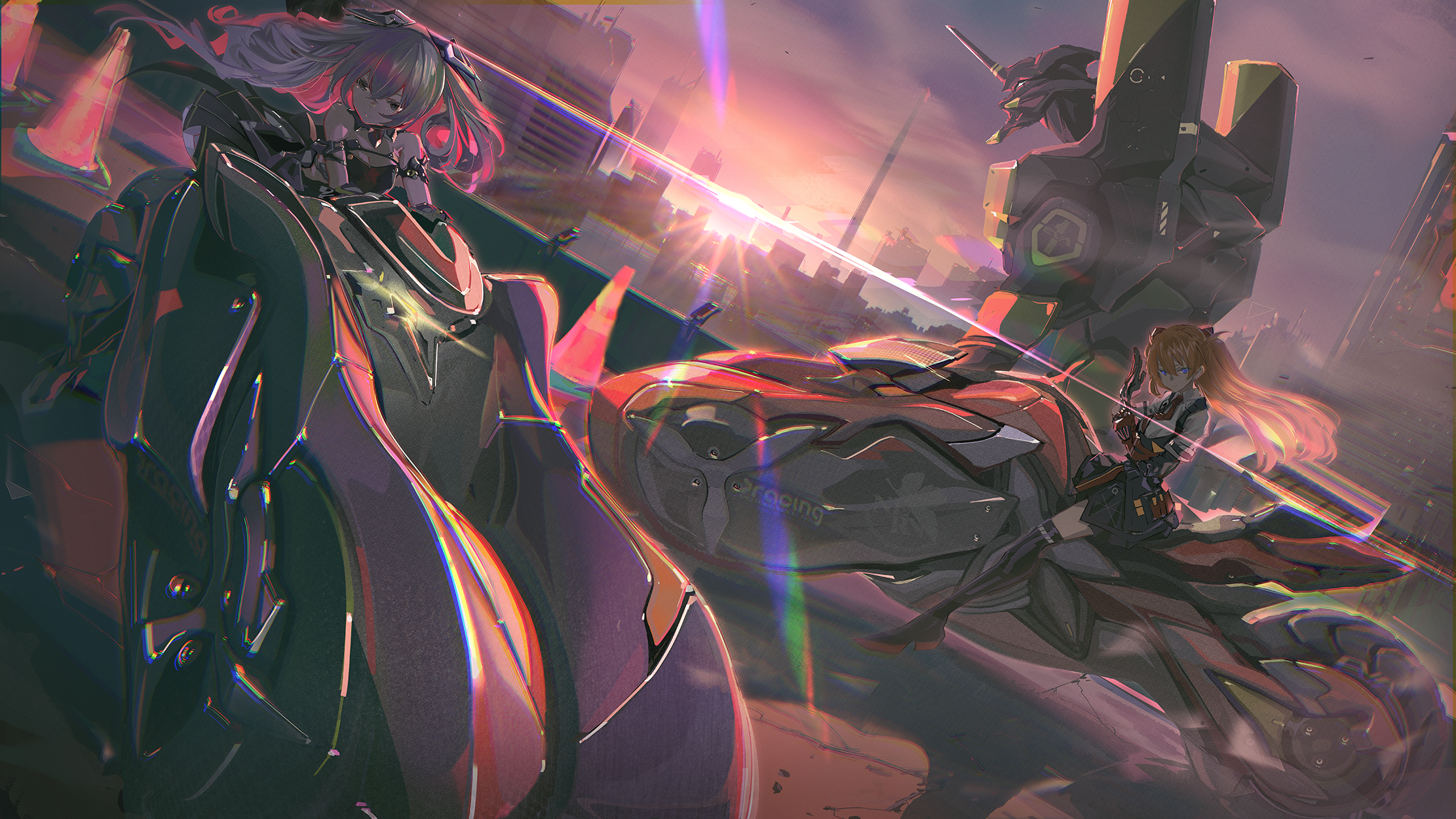 Asuka Langley Soryu and Honkai Impact 3rd character on motorcycles HD Wallpaper