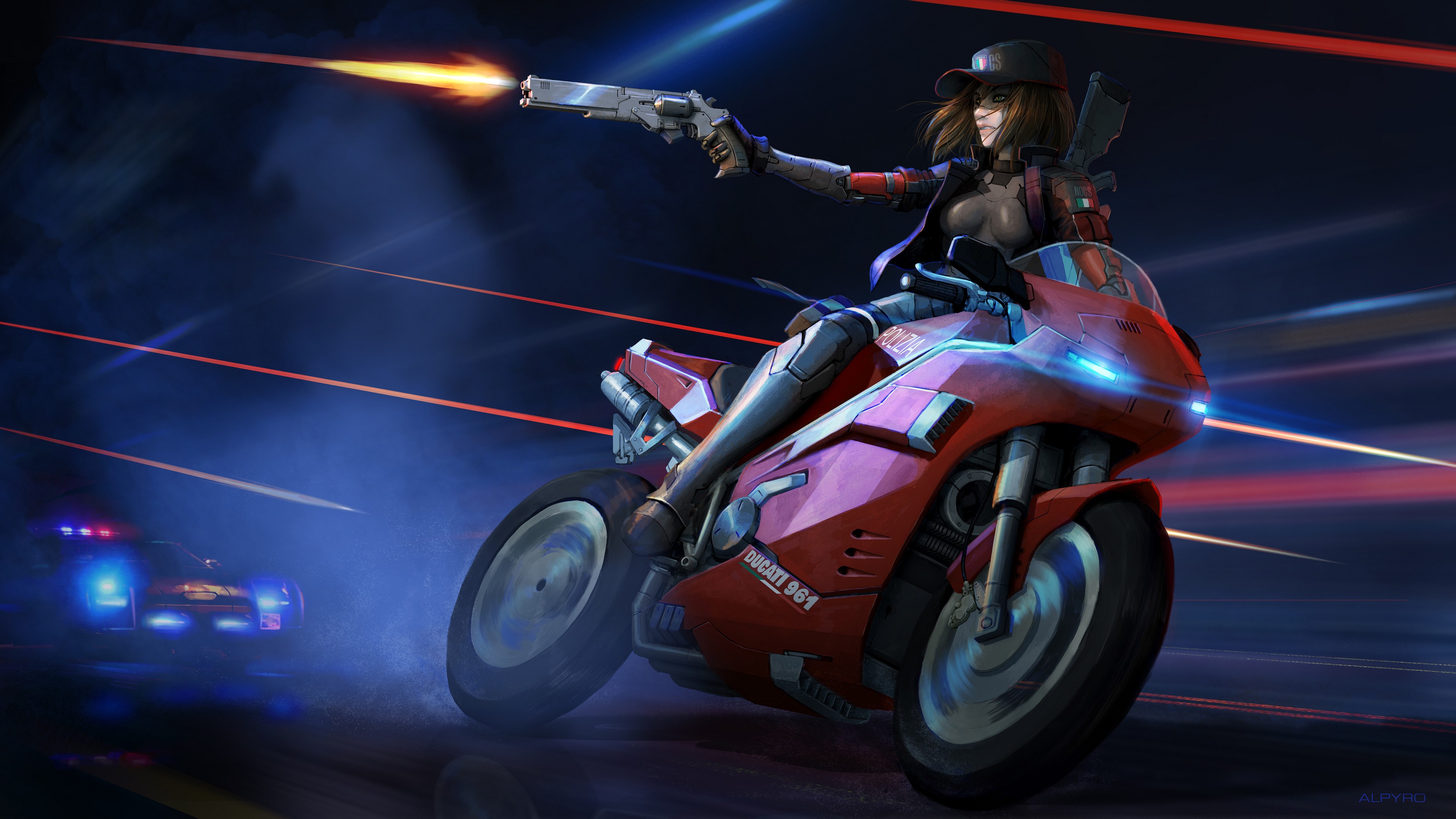 Woman on Ducati 964 firing a gun, pursued by police cars HD Wallpaper