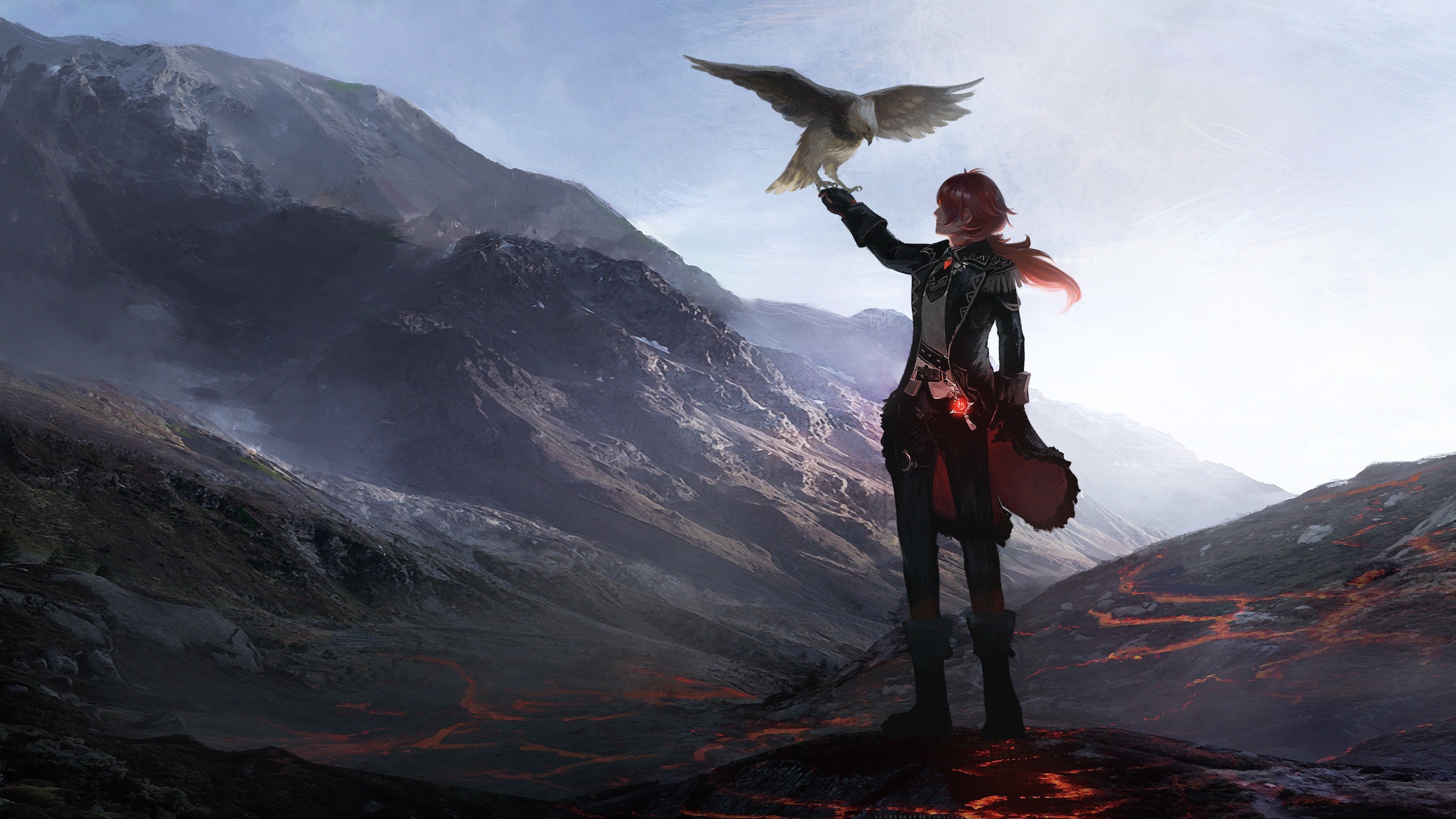 Diluc with Falcon in Mountainous Landscape HD Wallpaper