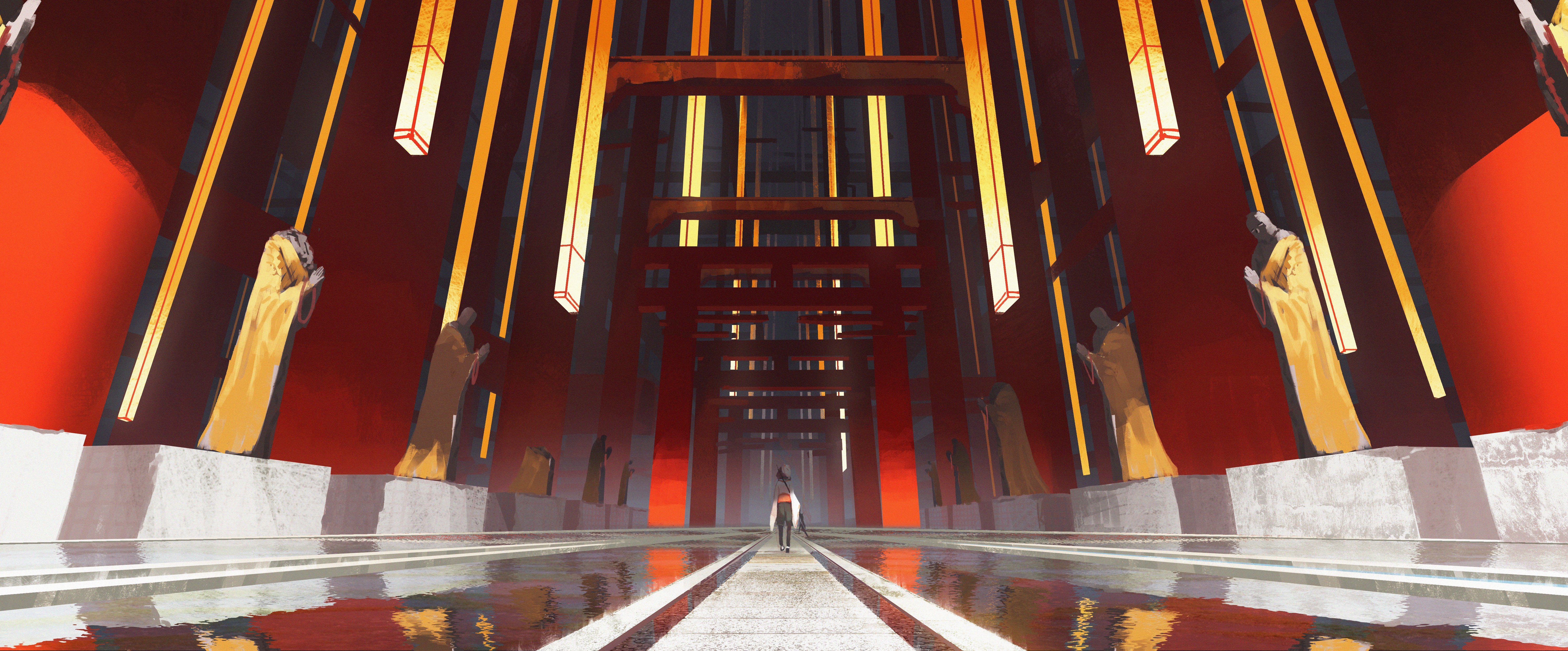 4K Anime Temple Entrance with Figures HD Wallpaper