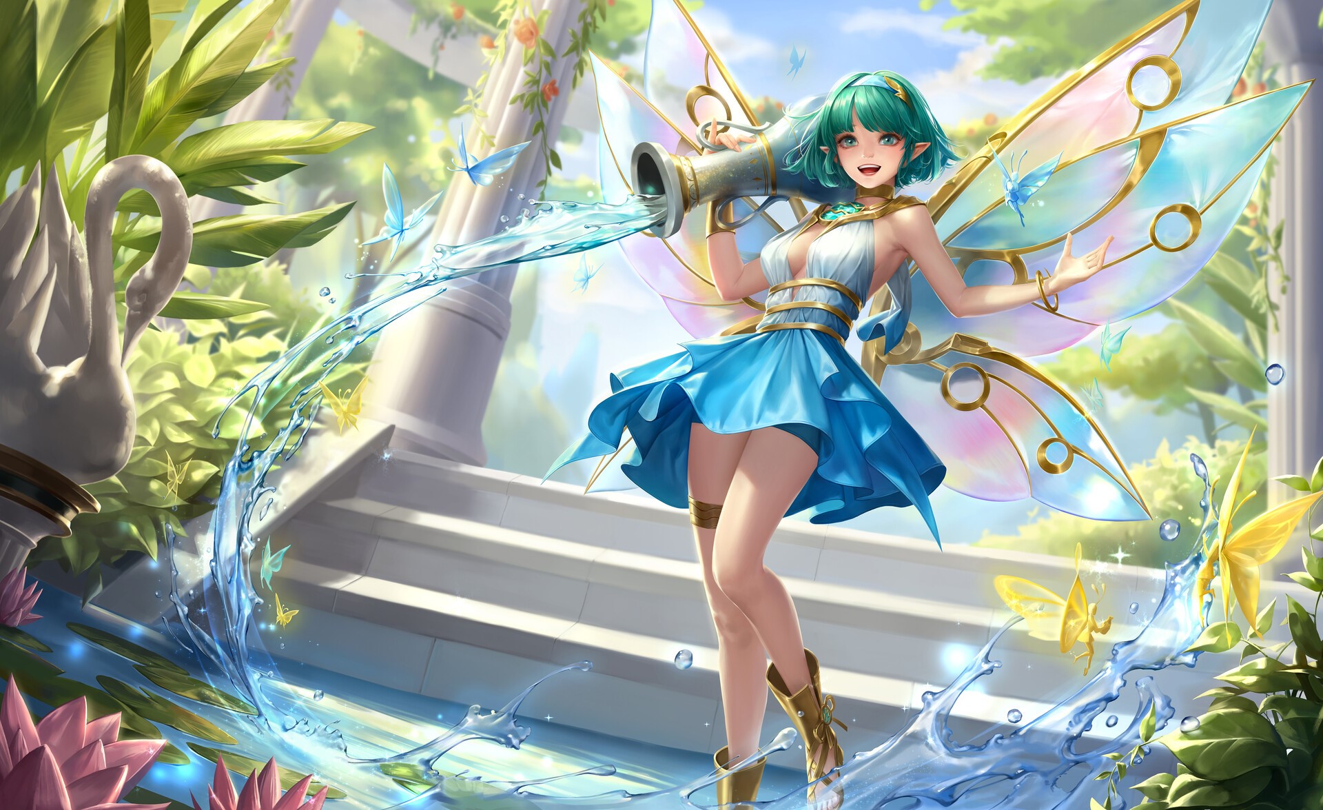Fairy pouring water from a jug with butterflies HD Wallpaper