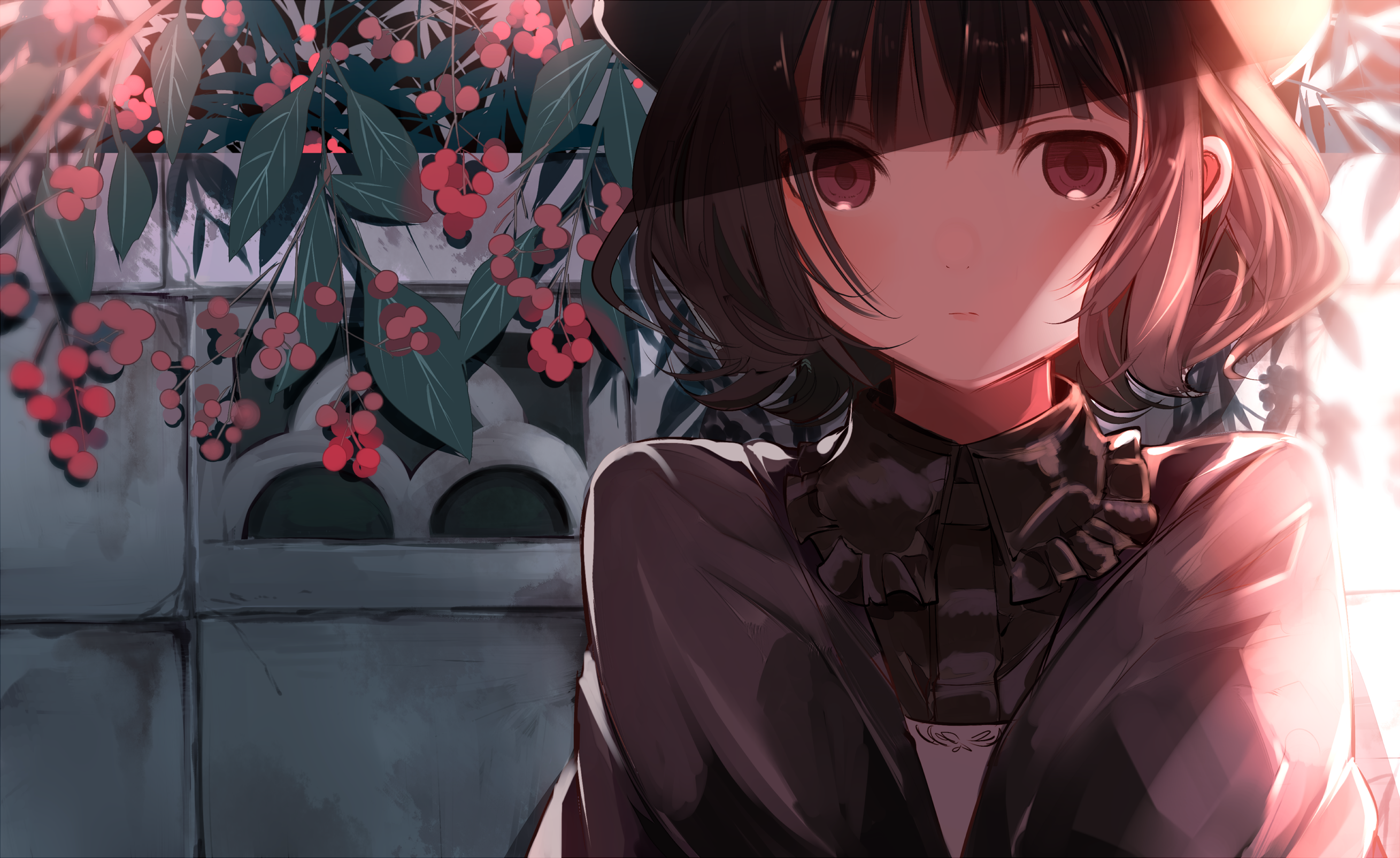 Anime girl with dark hair and red eyes HD Wallpaper