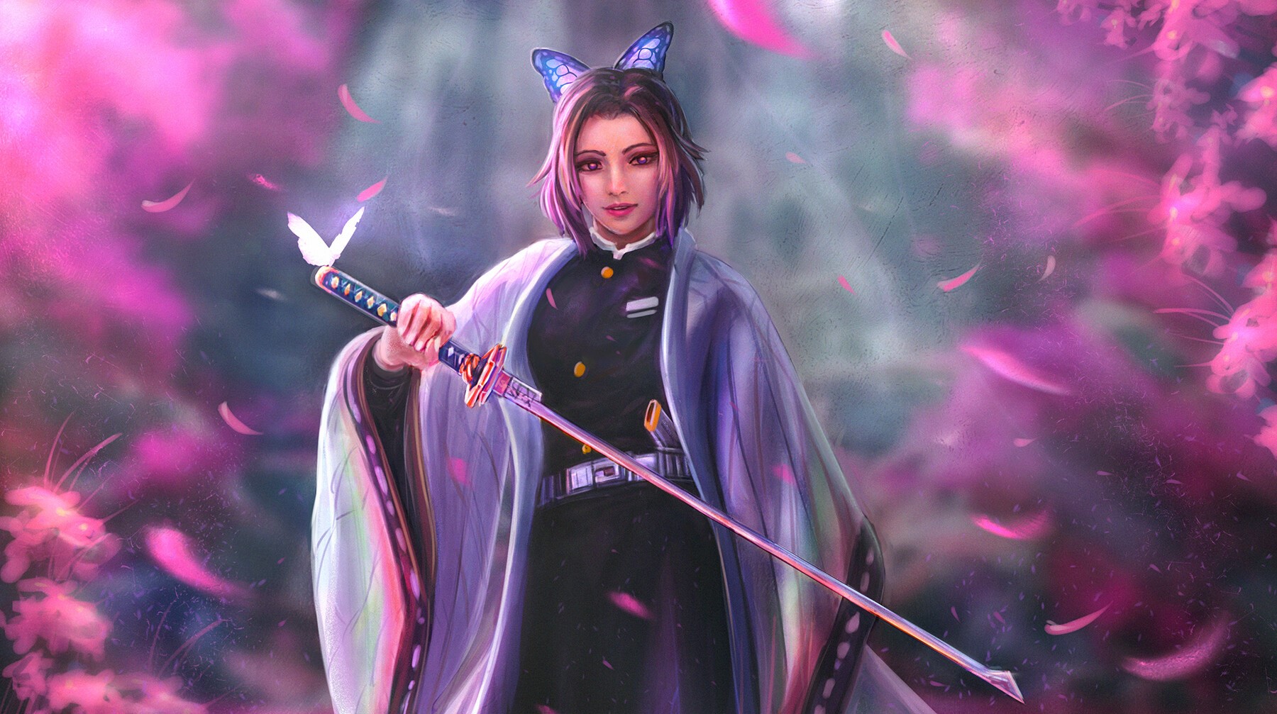 Kochou Shinobu from Demon Slayer with a sword and butterfly HD Wallpaper