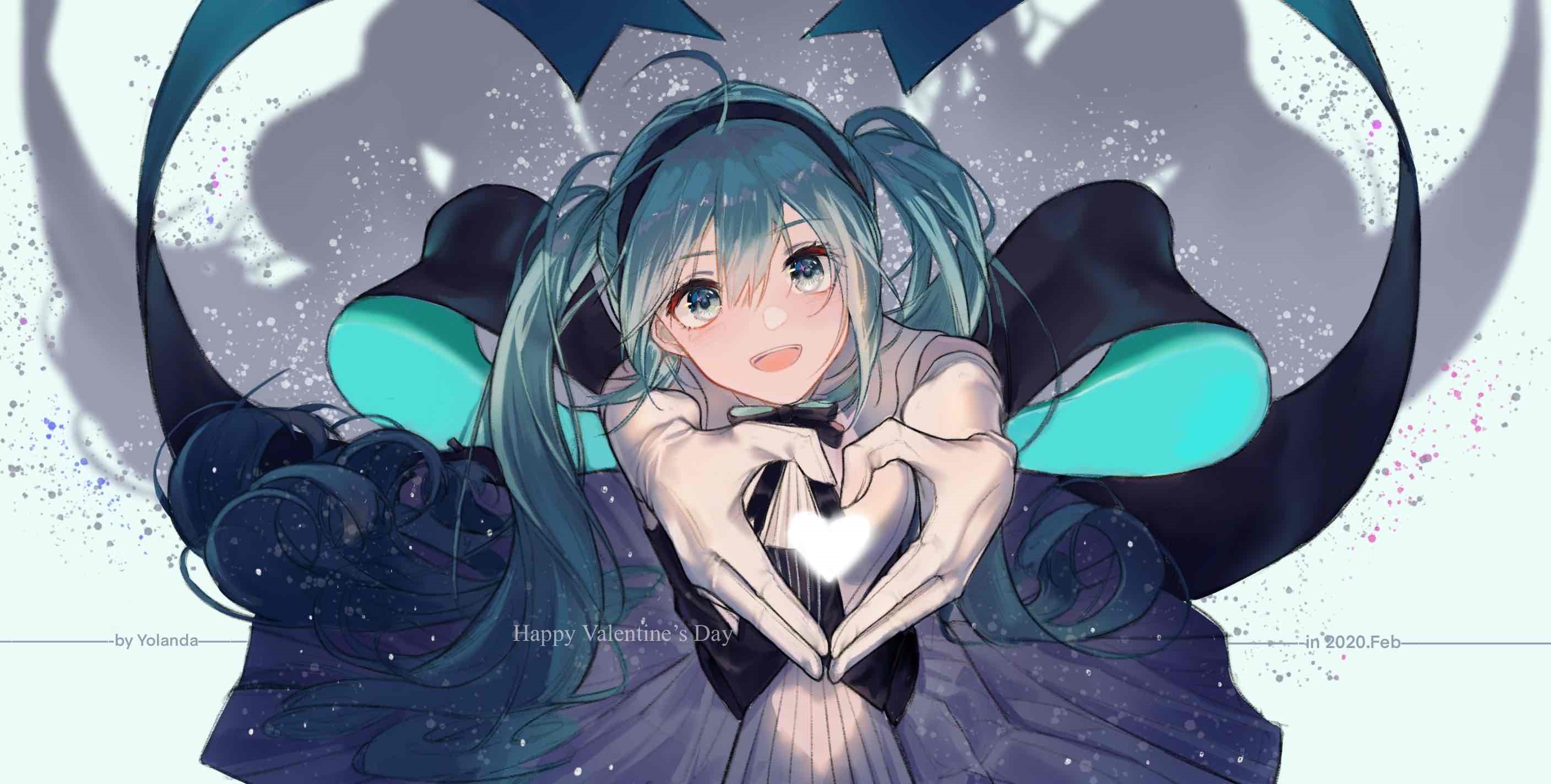 Hatsune Miku from Vocaloid making a heart shape HD Wallpaper