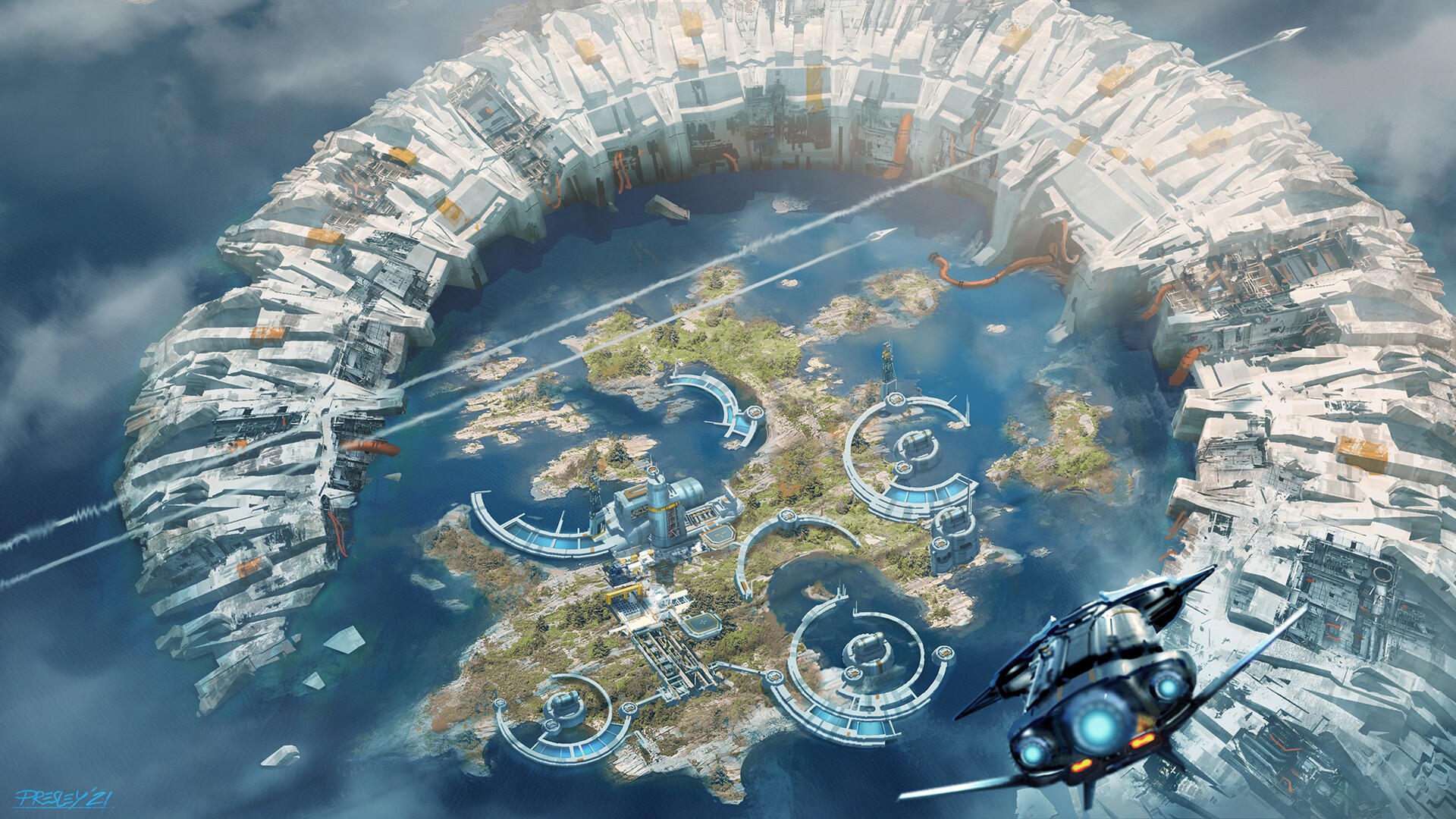 Futuristic ring-shaped space station above islands HD Wallpaper