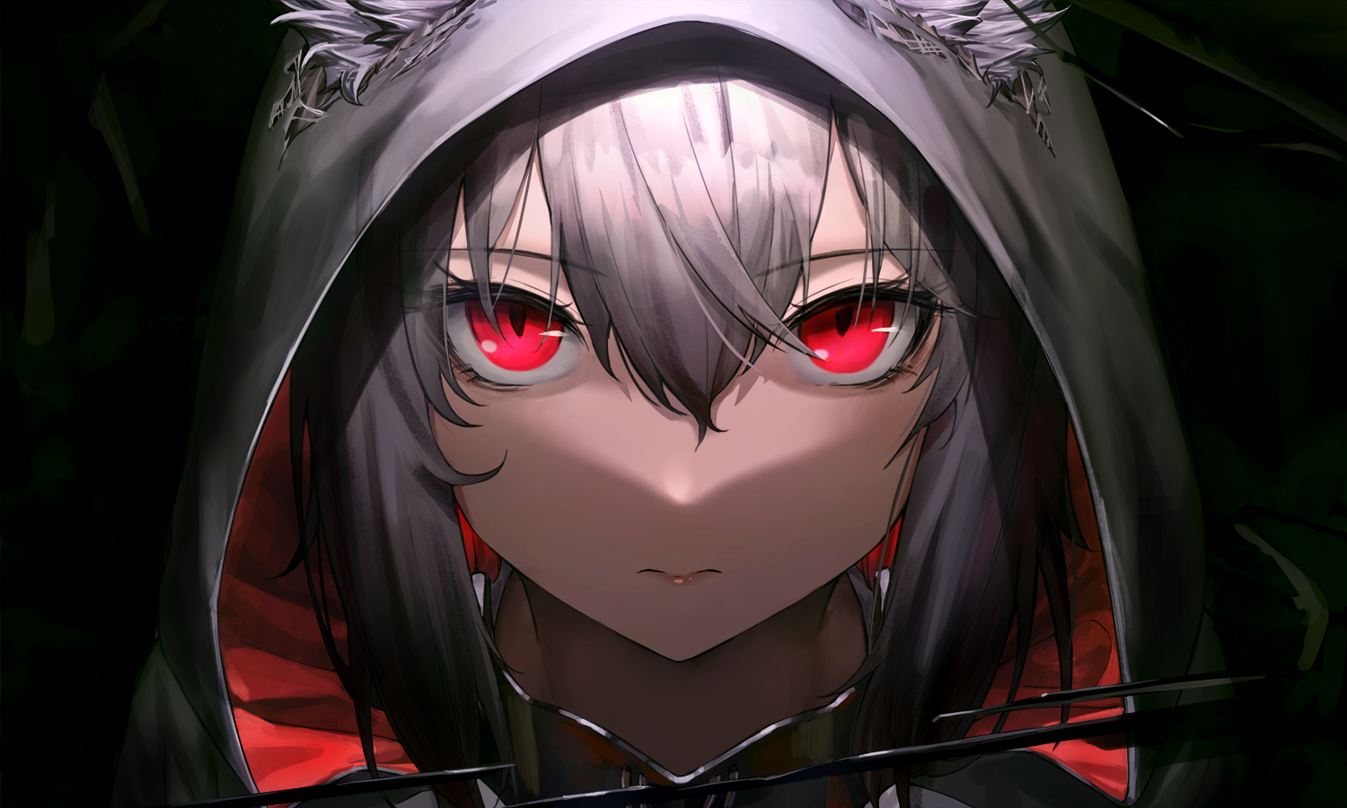 Anime girl with grey hair and red eyes wearing a hood HD Wallpaper