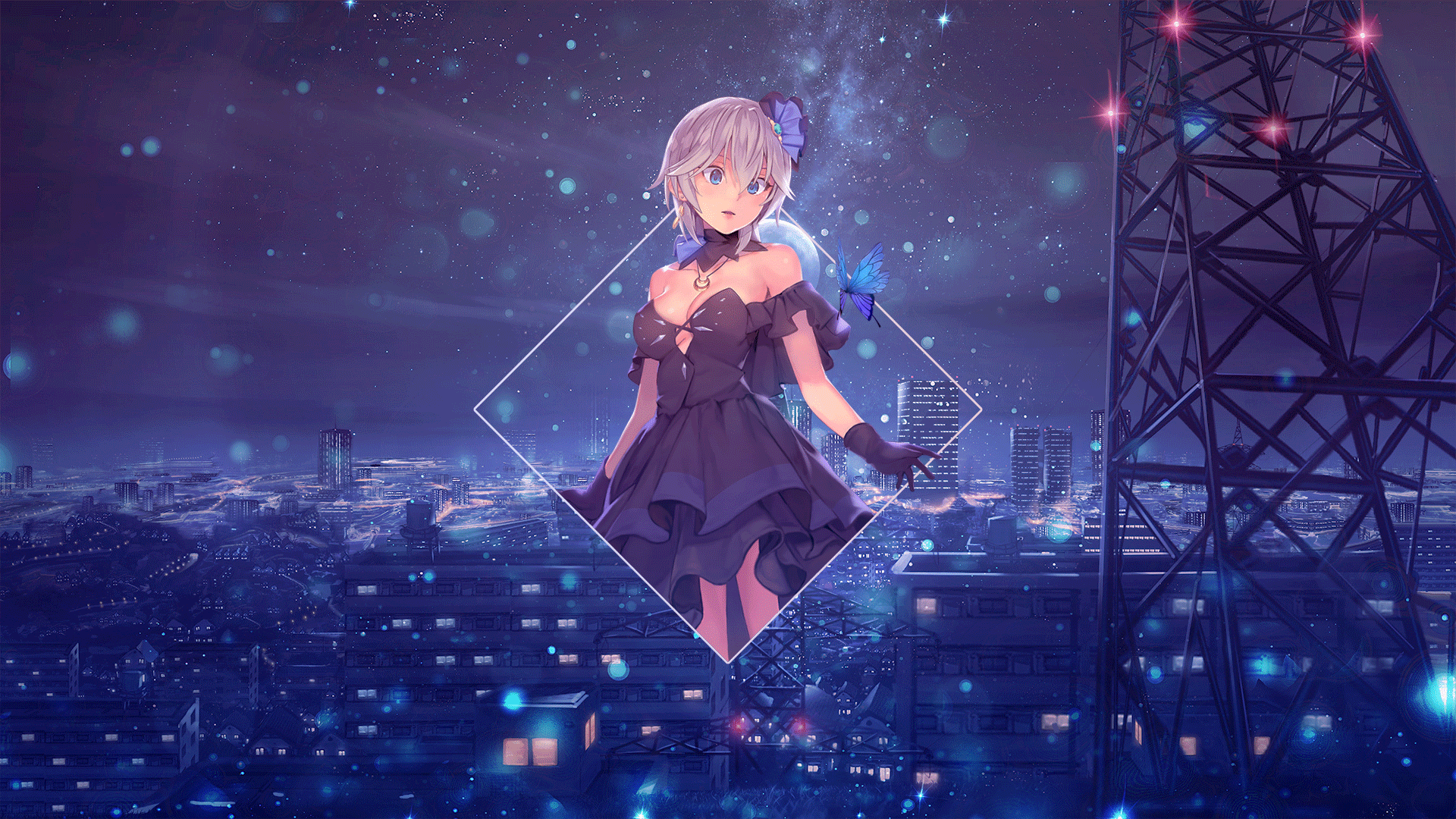 Anime girl in a dark dress with a butterfly HD Wallpaper