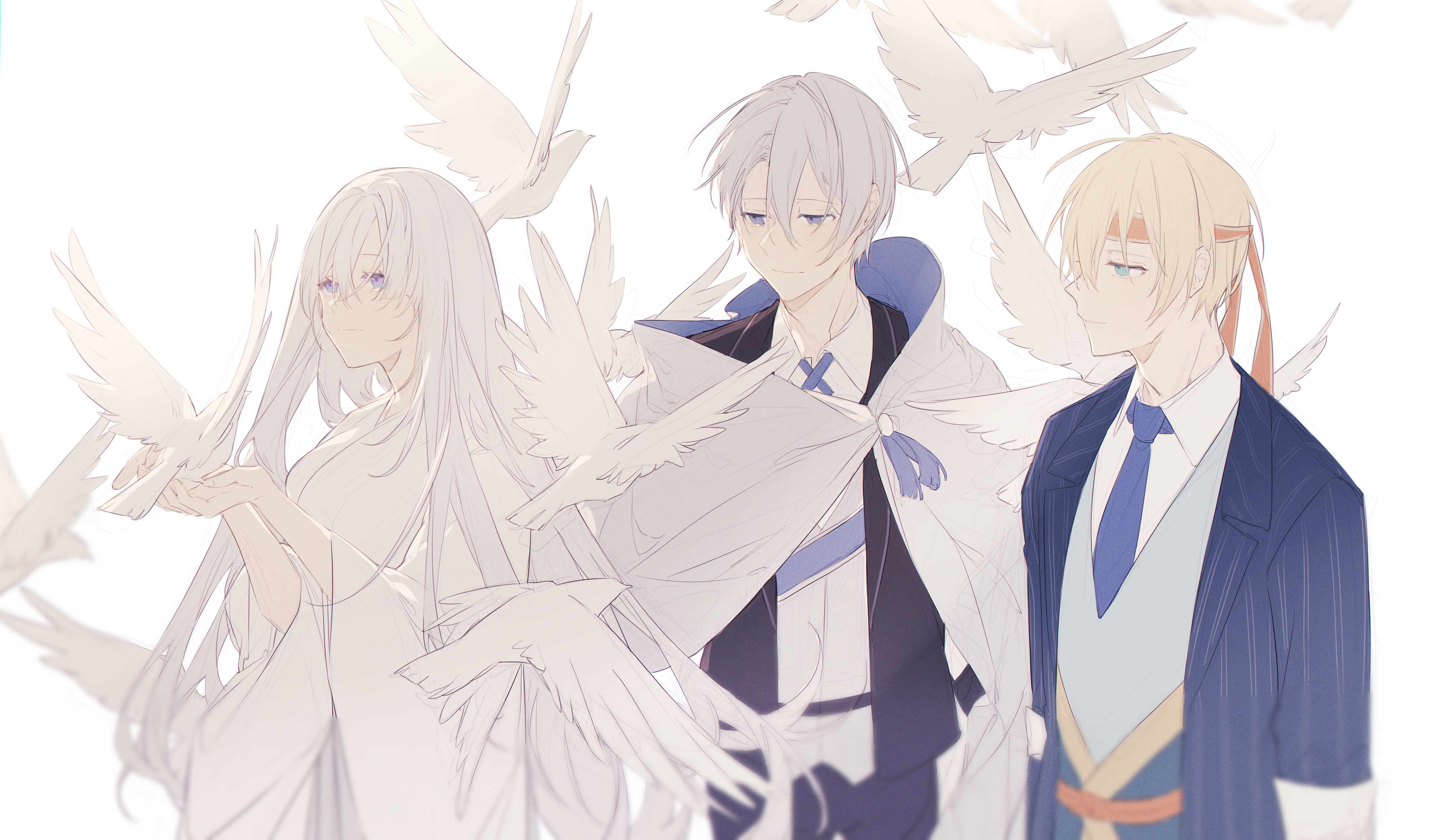 Three anime characters with white birds HD Wallpaper