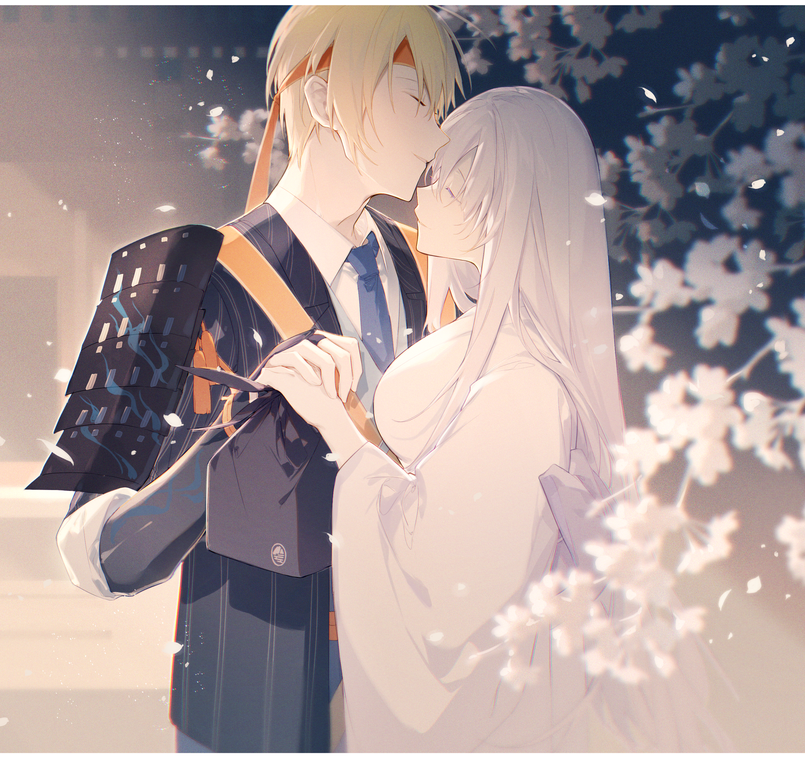 Anime couple embracing under cherry blossoms HD Wallpaper