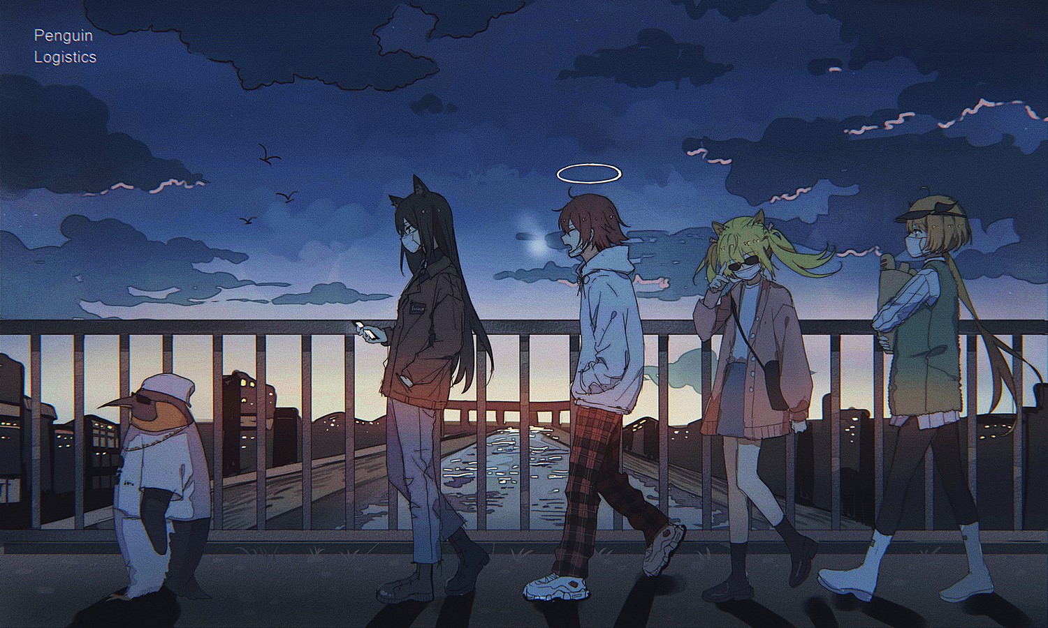 Arknights characters walking on a bridge at dusk HD Wallpaper