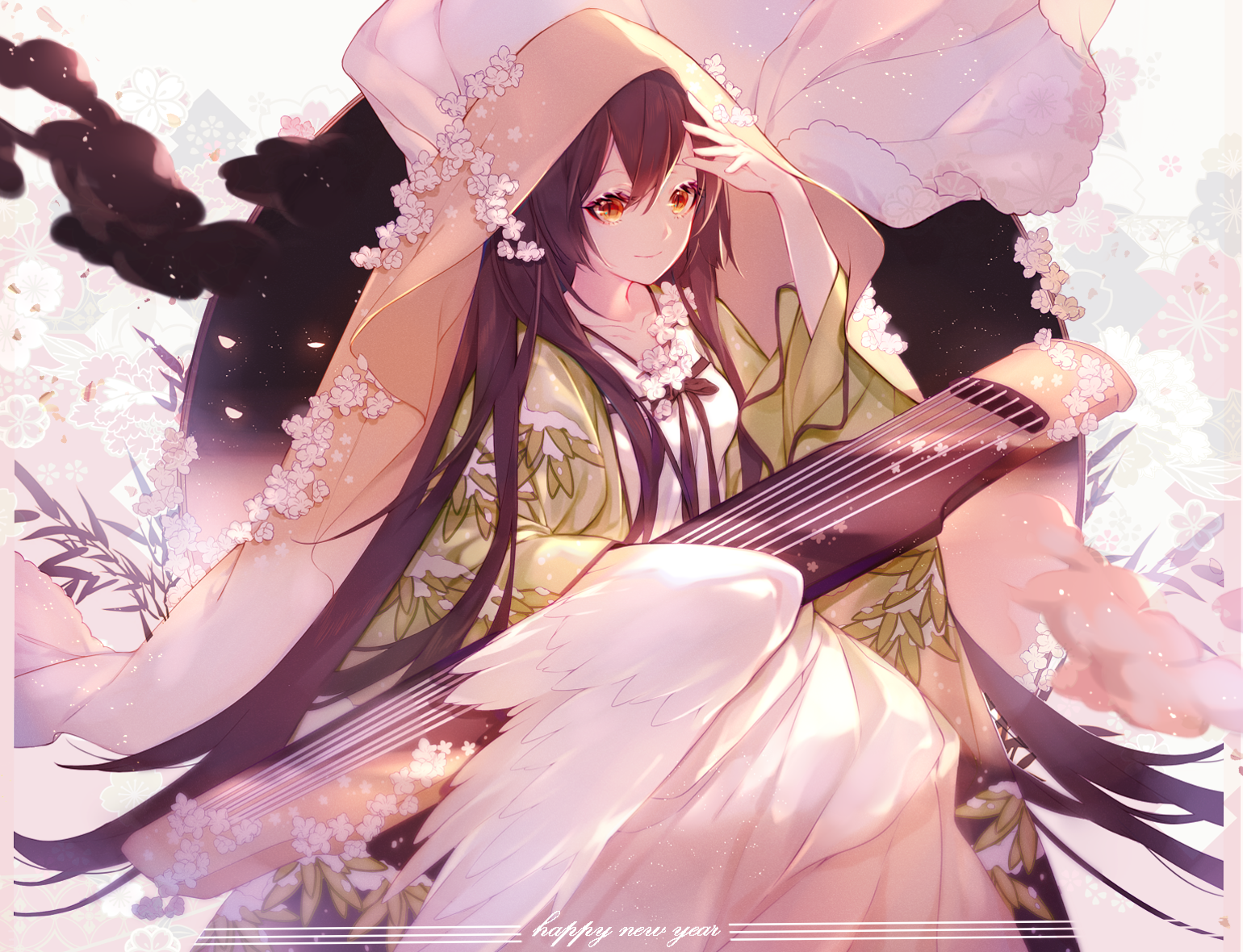 Anime girl with long dark hair playing a koto HD Wallpaper