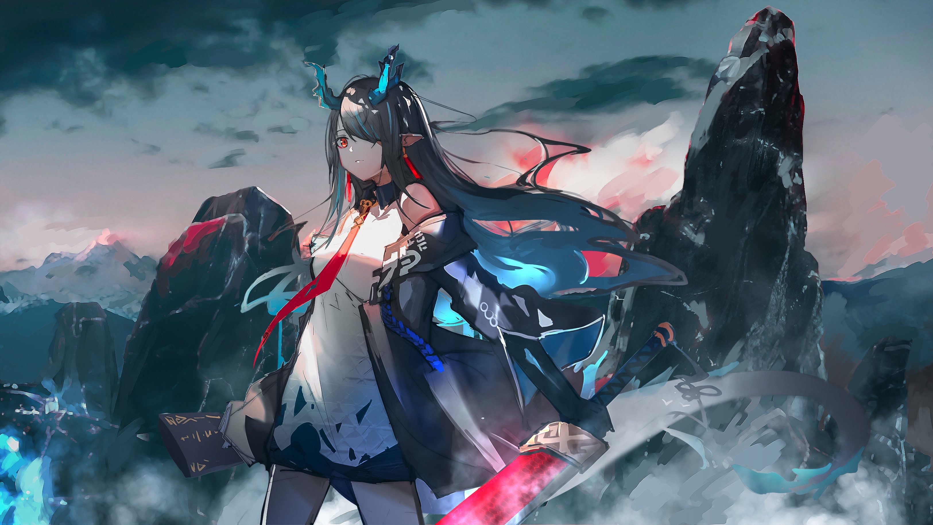 Arknights character with horns and sword in mountains HD Wallpaper