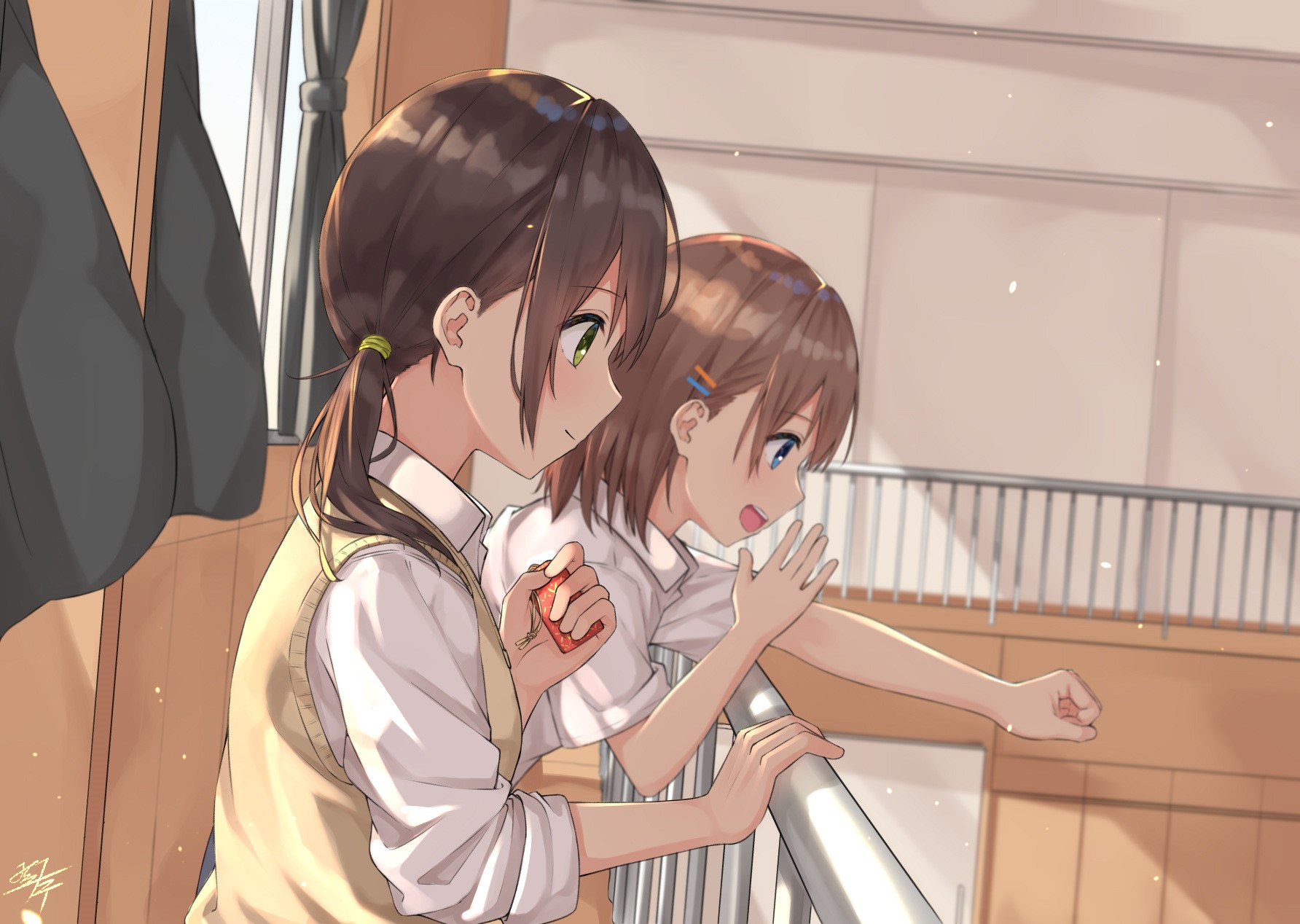 Two anime girls in school uniforms looking out a window HD Wallpaper