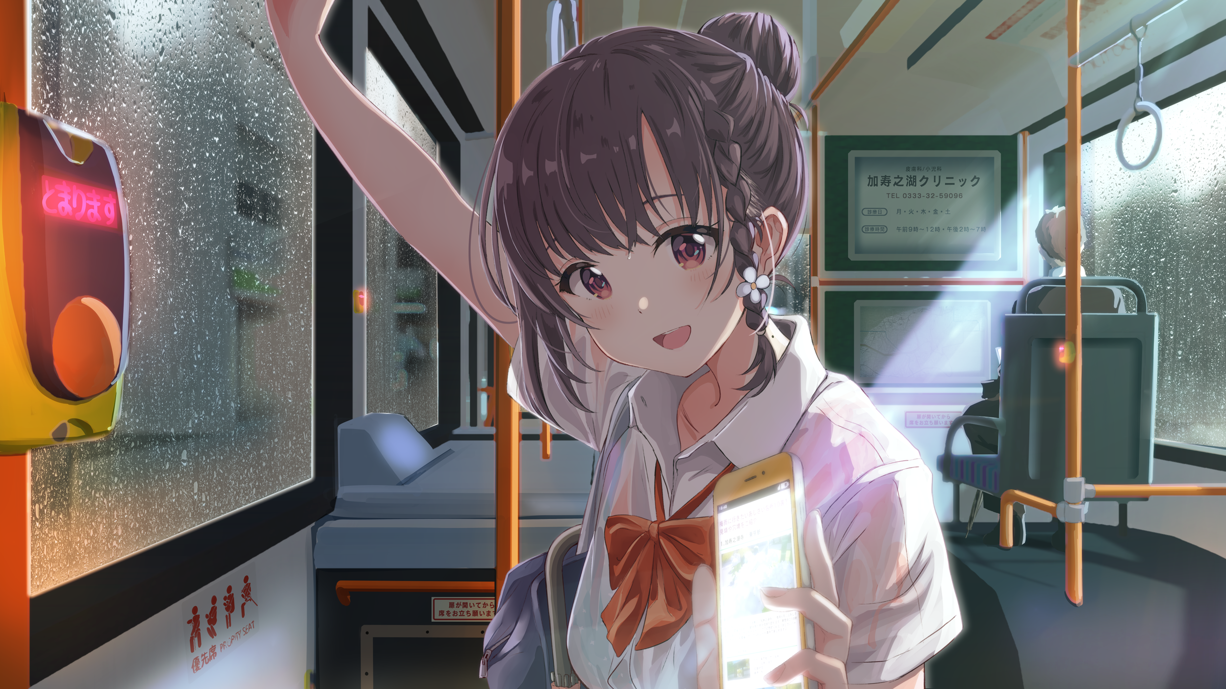 Anime girl in school uniform on a rainy bus holding a smartphone HD Wallpaper