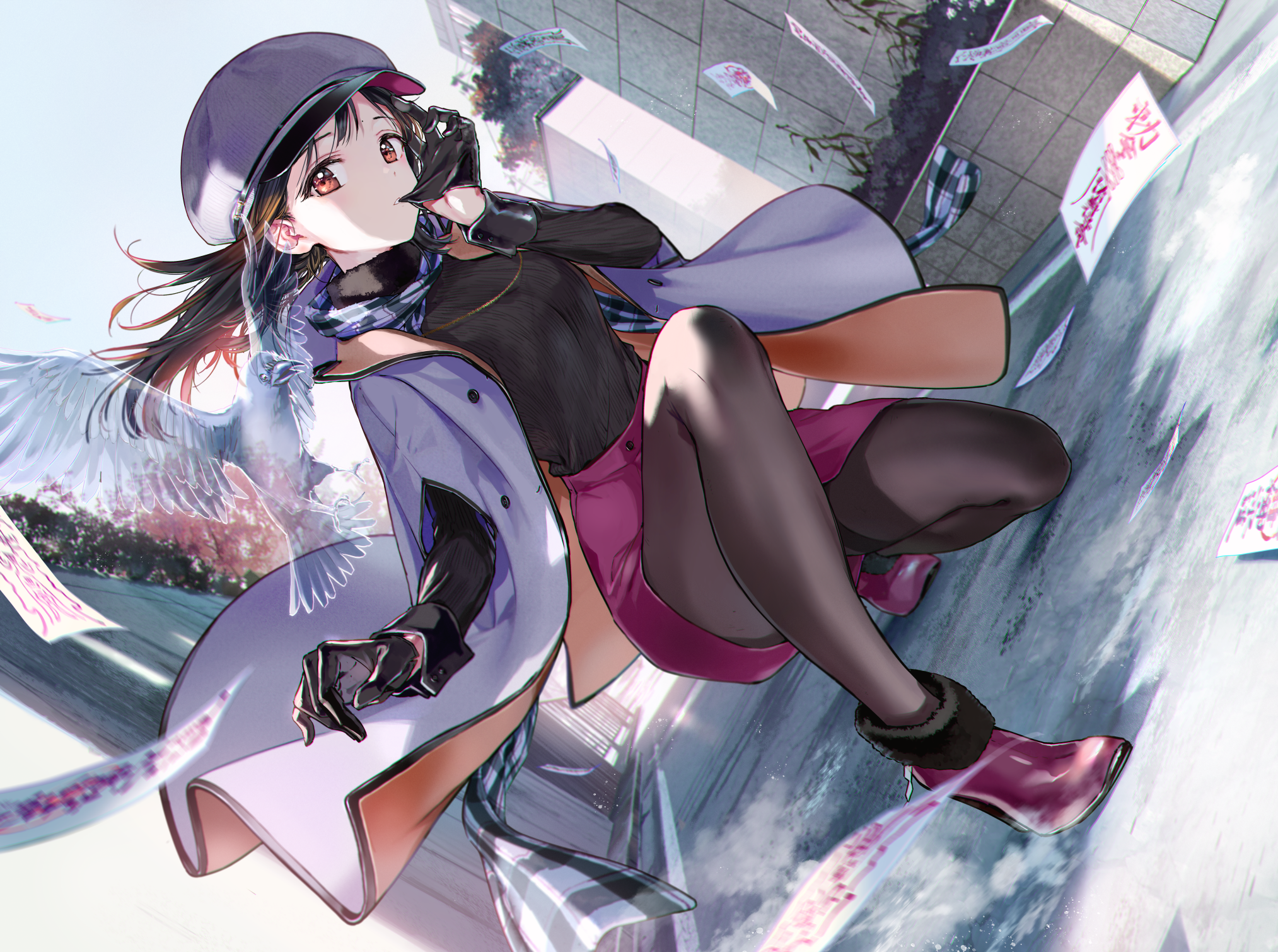 Anime girl in hat and coat talking on phone HD Wallpaper