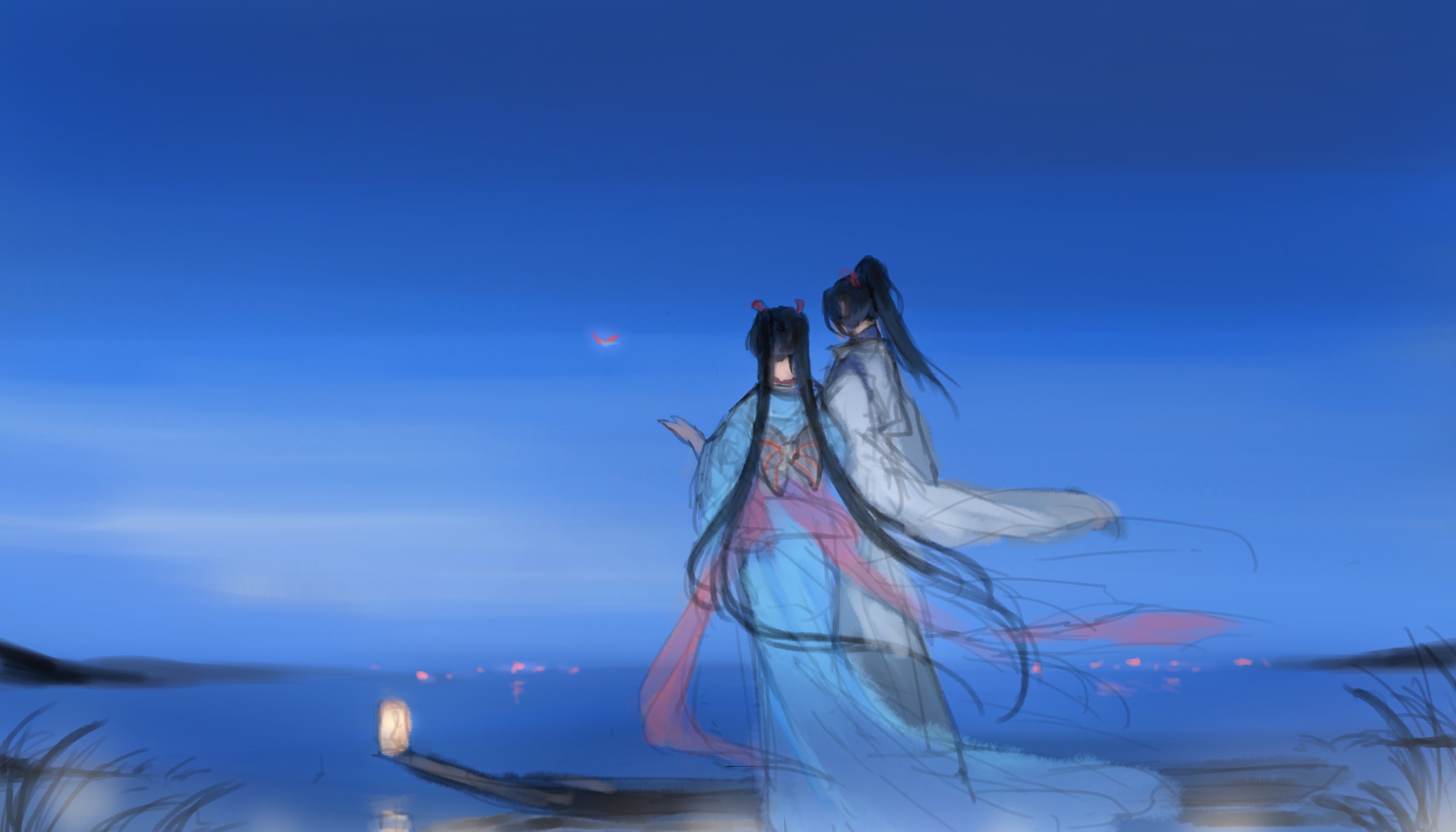 Couple in Kimonos on a Boat with Lantern HD Wallpaper