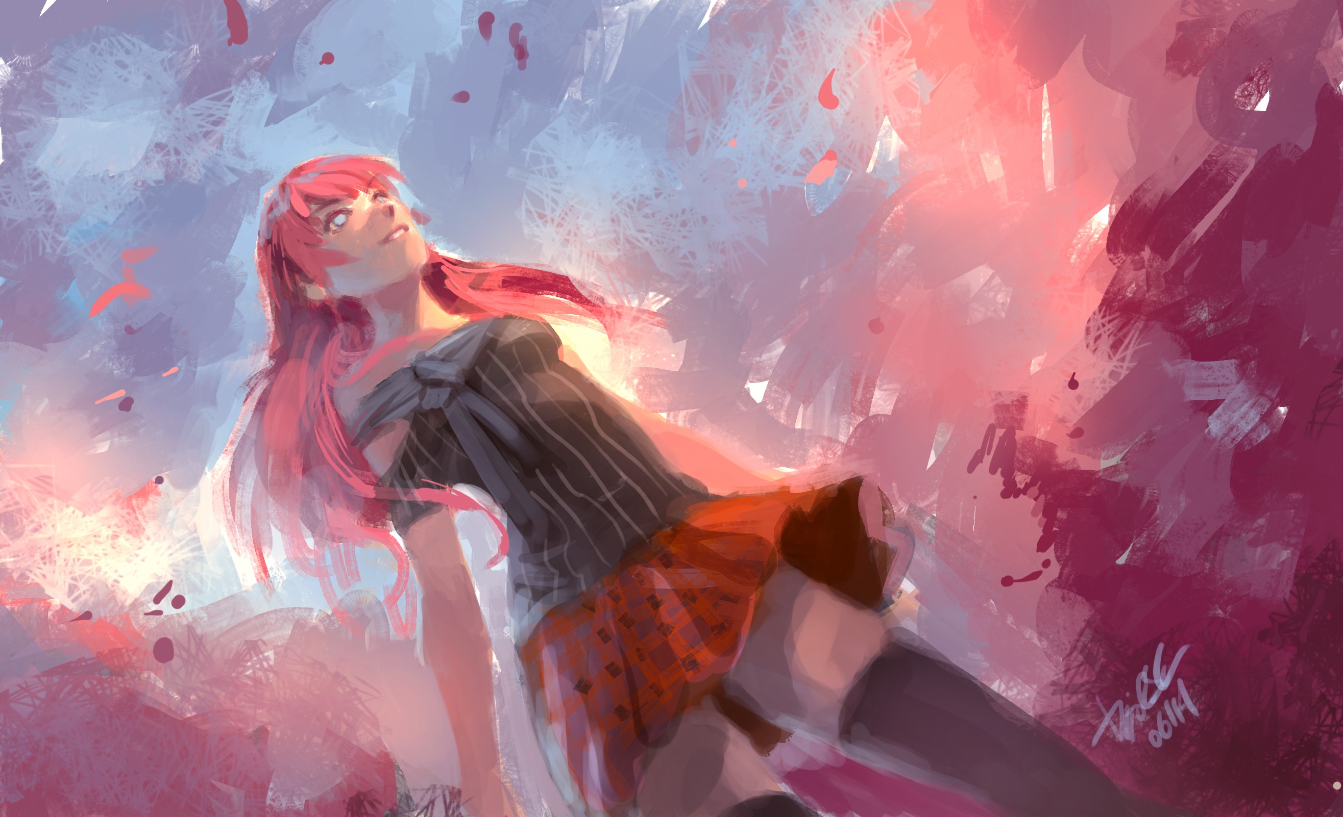 Redhead anime girl in miniskirt and thigh-highs HD Wallpaper
