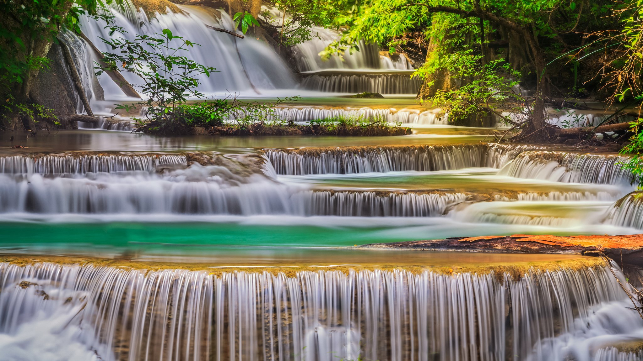 Tiered waterfall cascading through a lush green forest HD Wallpaper