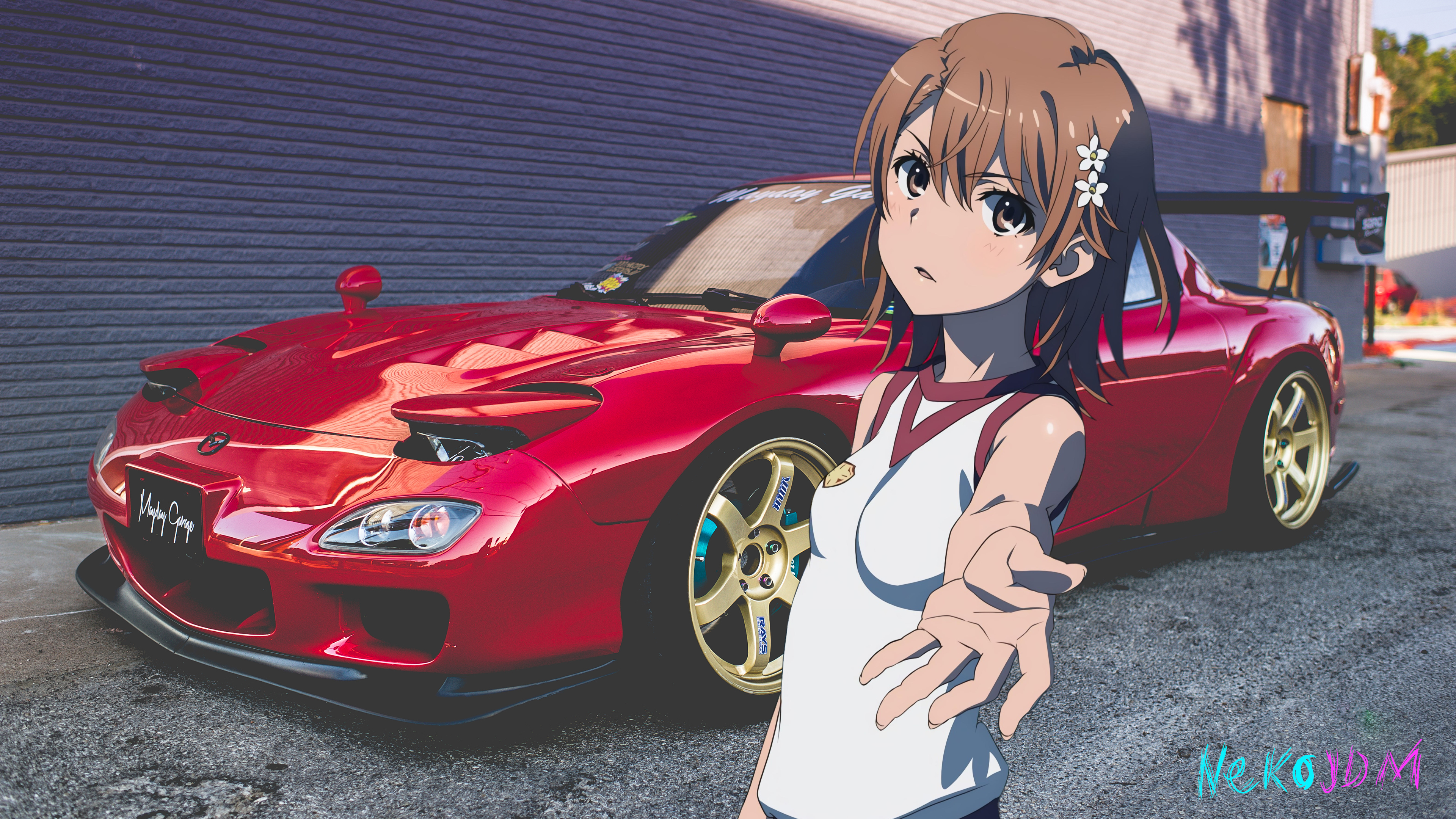 Anime girl with red Mazda RX-7 HD Wallpaper