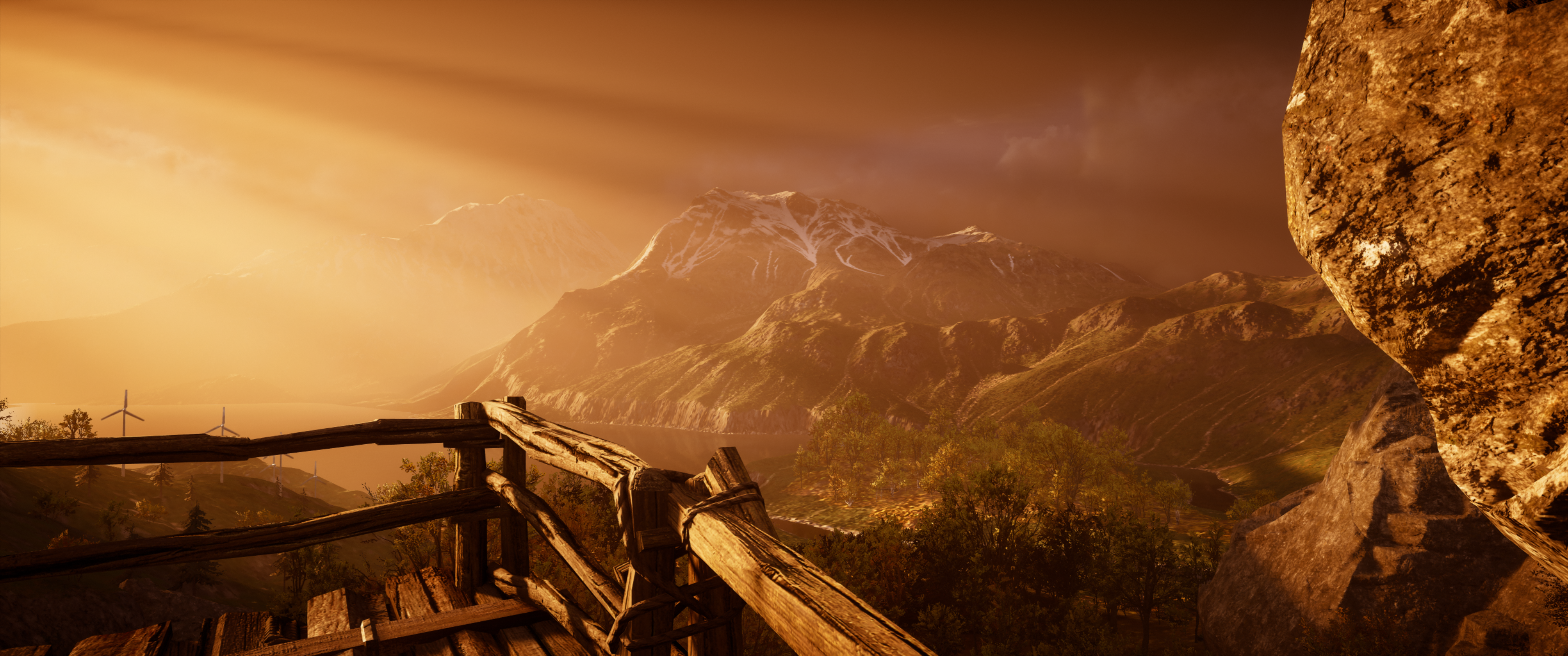 Assassin's Creed Valhalla landscape with mountains and windmills HD Wallpaper