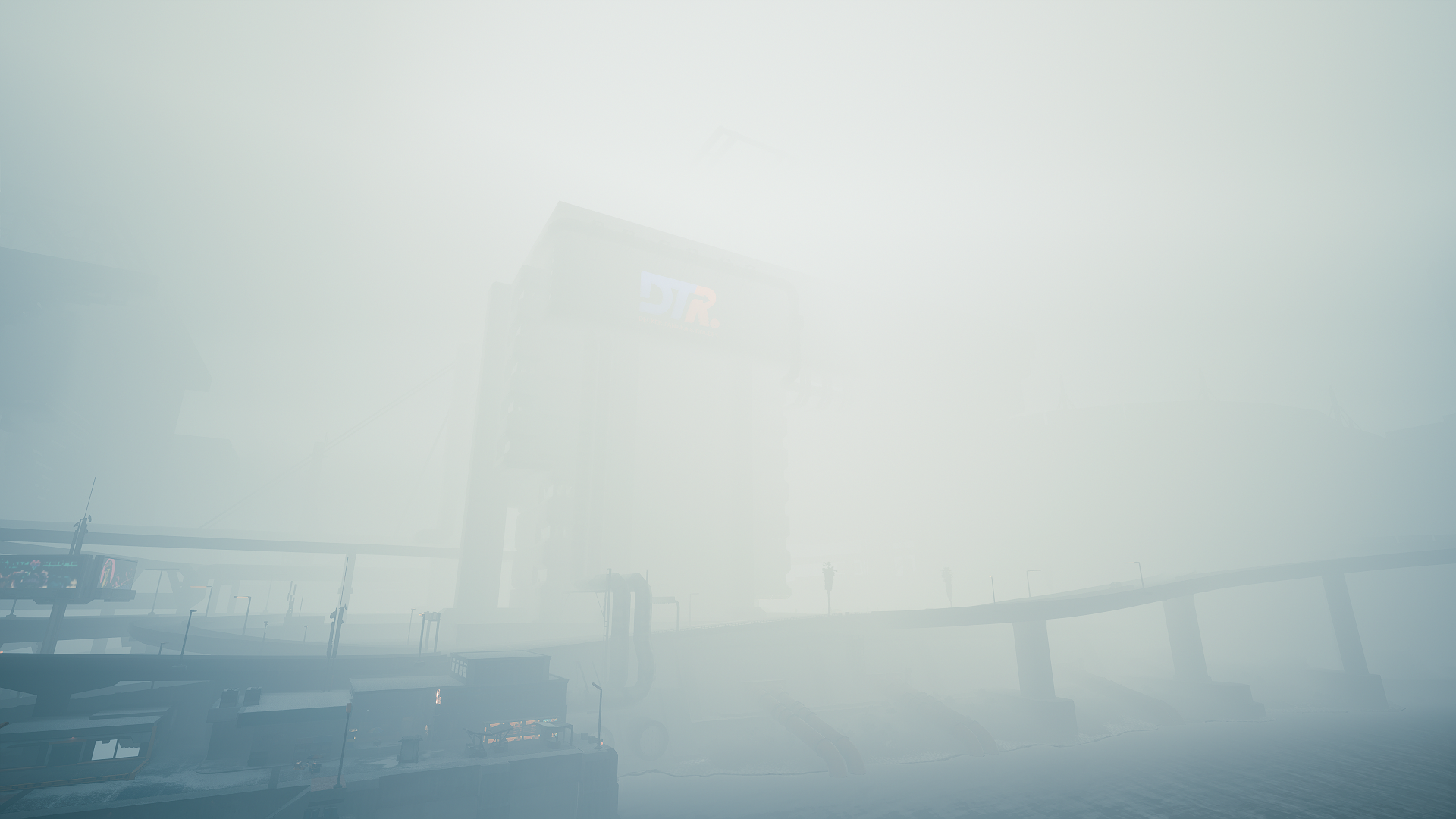 Futuristic city in thick fog with DTR sign HD Wallpaper