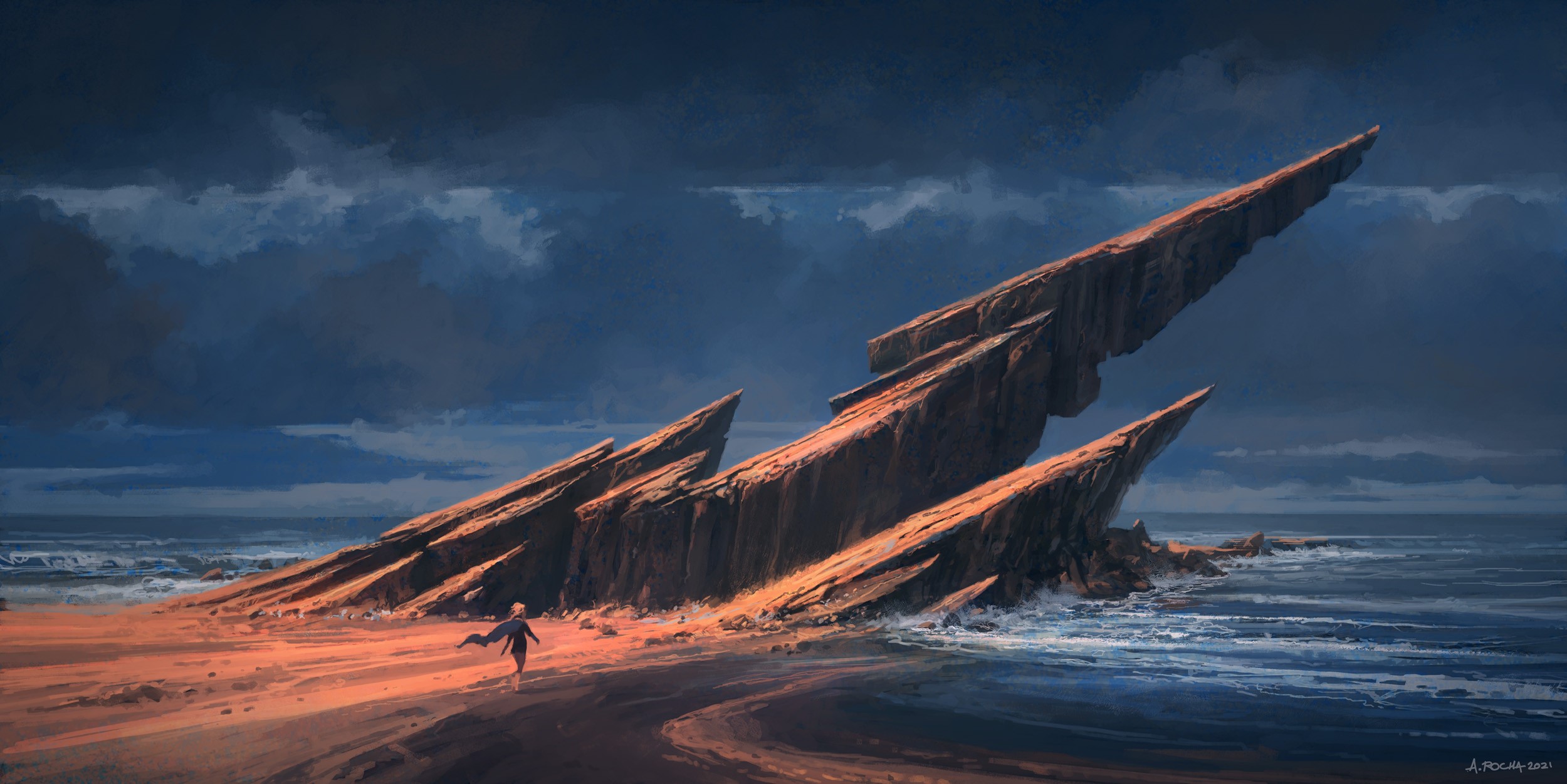 A lone figure walks along a beach towards jagged rock formations. HD Wallpaper