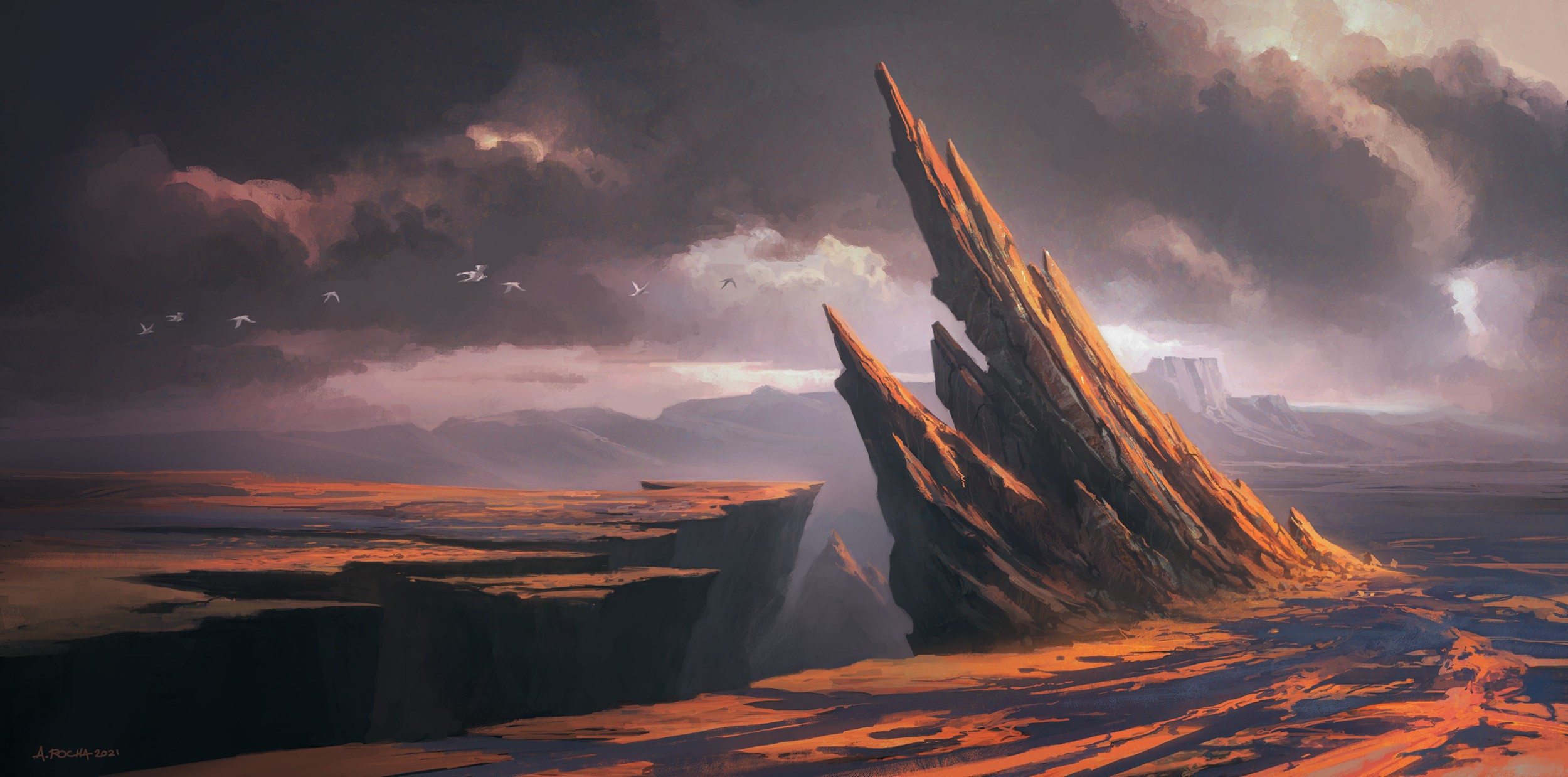 Digital art of a rocky landscape with birds flying HD Wallpaper