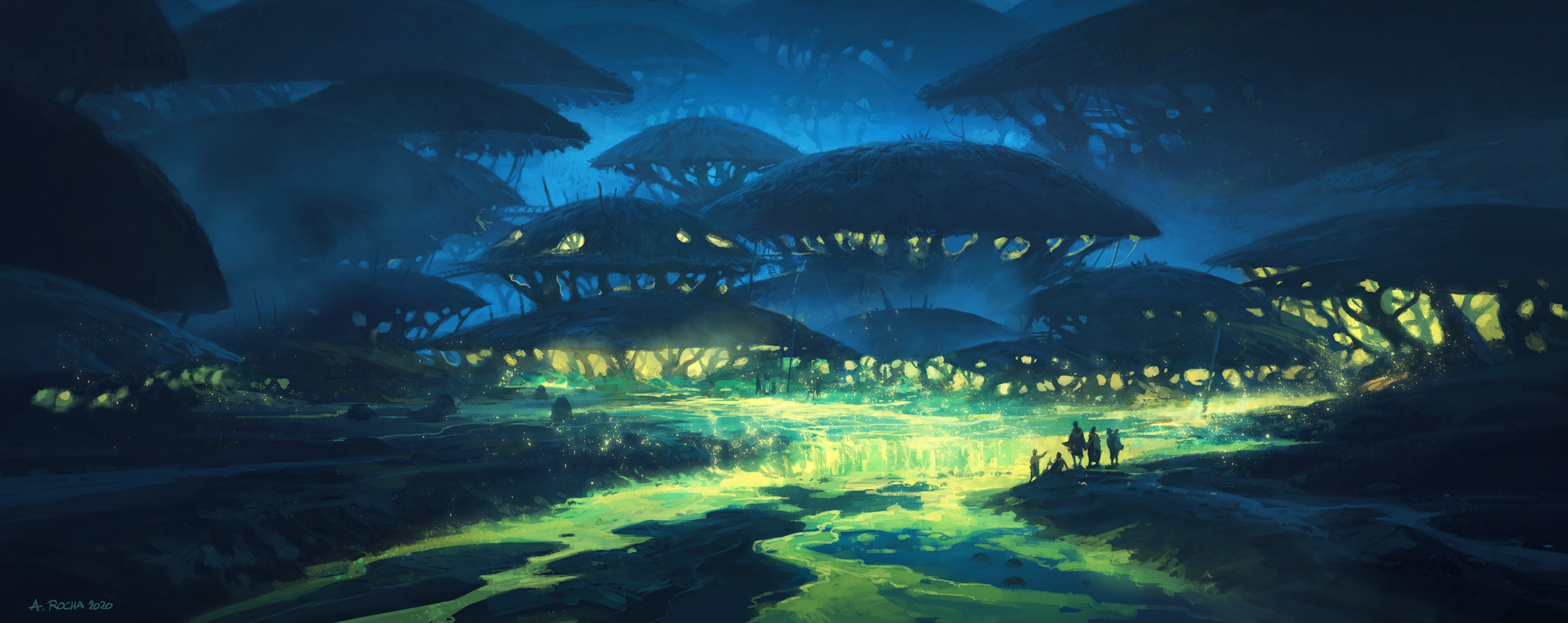 Fantasy landscape with glowing mushrooms and figures HD Wallpaper