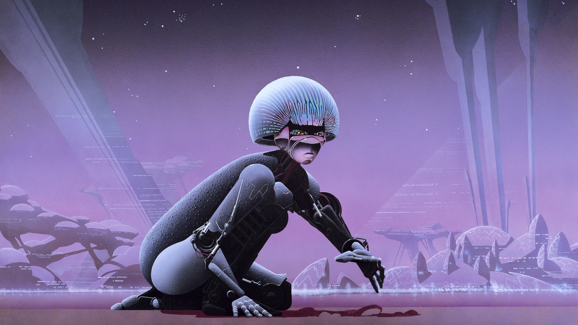 Robot in a futuristic purple landscape HD Wallpaper
