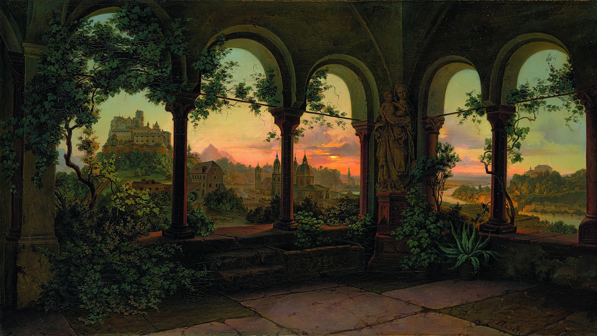 Painting of a Balcony Overlooking a Cityscape at Sunset HD Wallpaper