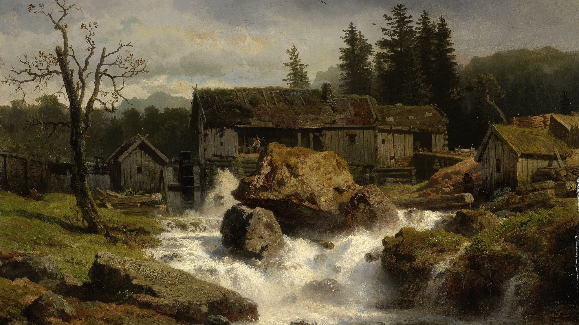 Painting of a watermill by a river with trees and rocks HD Wallpaper
