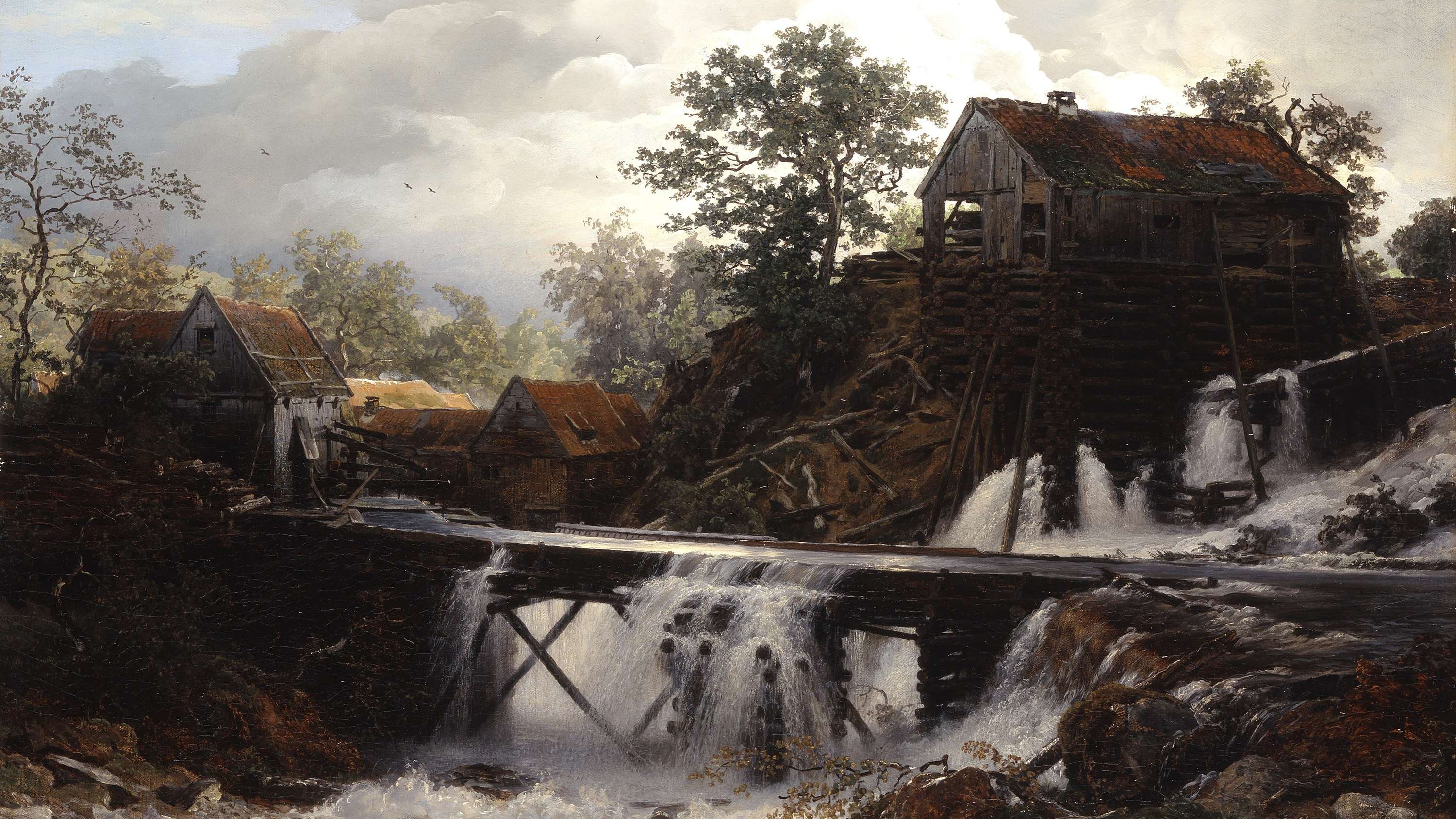 Painting of a watermill with cascading water and wooden buildings HD Wallpaper