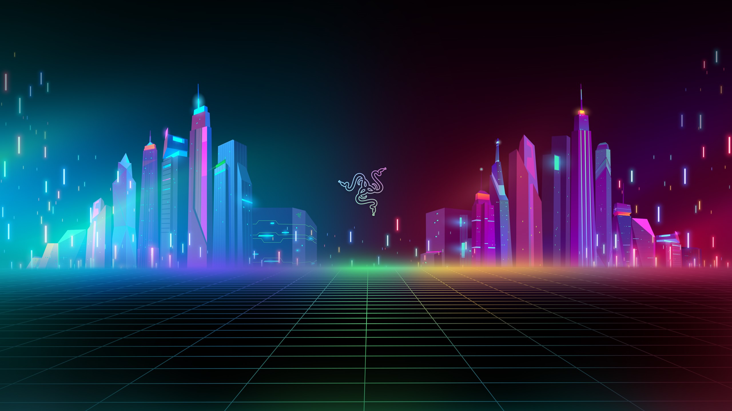 Razer logo over futuristic cityscape with neon grid HD Wallpaper