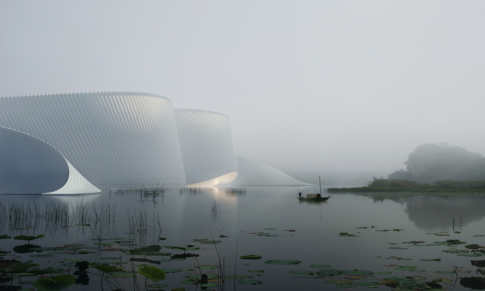 Modern architecture on a misty lake with a boat HD Wallpaper
