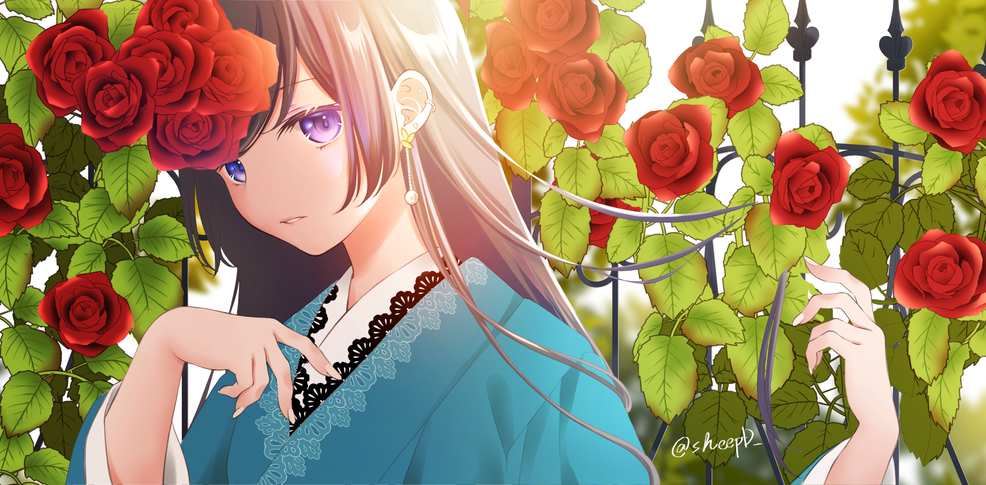 Anime girl with purple eyes in a blue kimono surrounded by roses HD Wallpaper