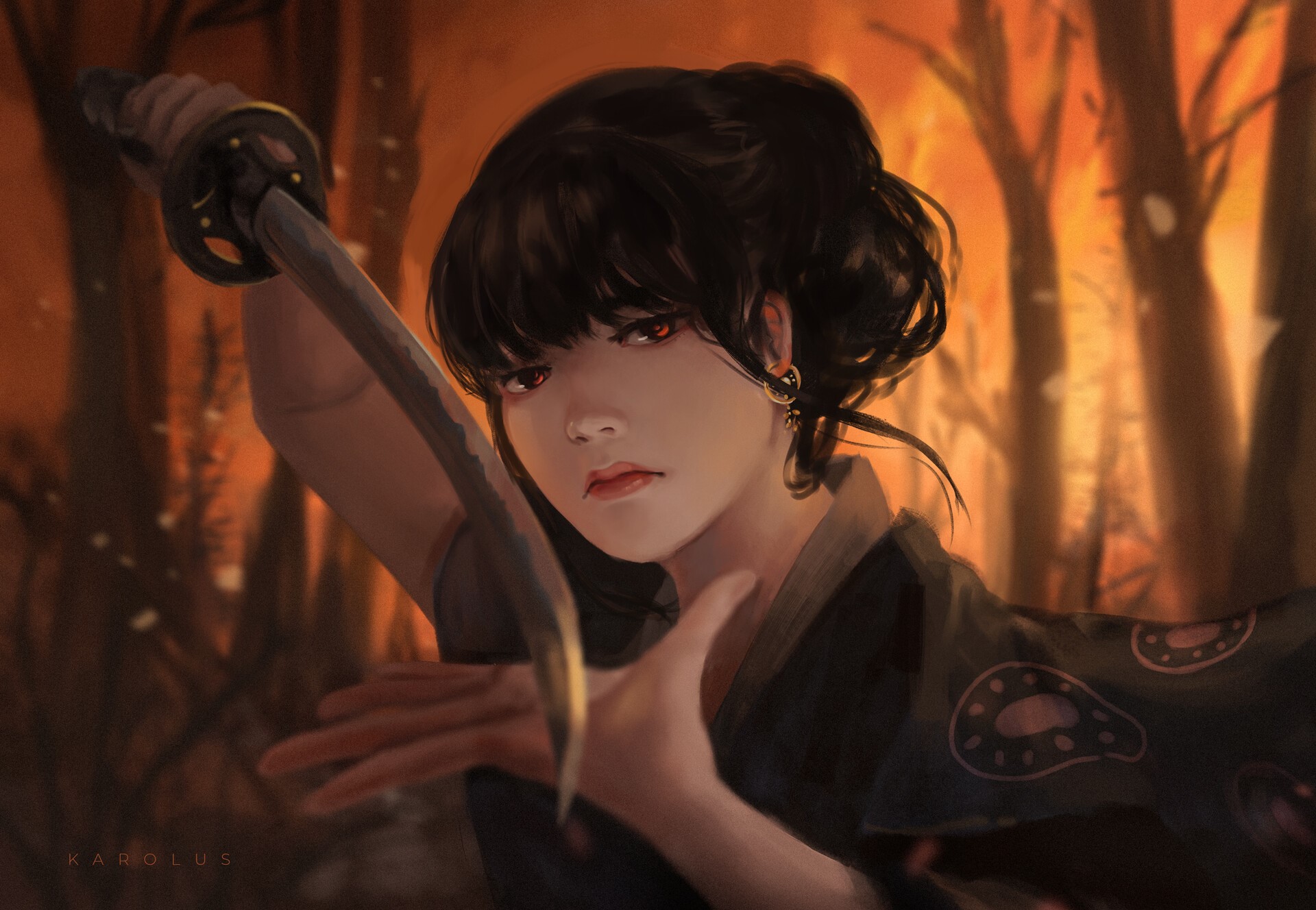 Samurai girl with katana in a forest HD Wallpaper