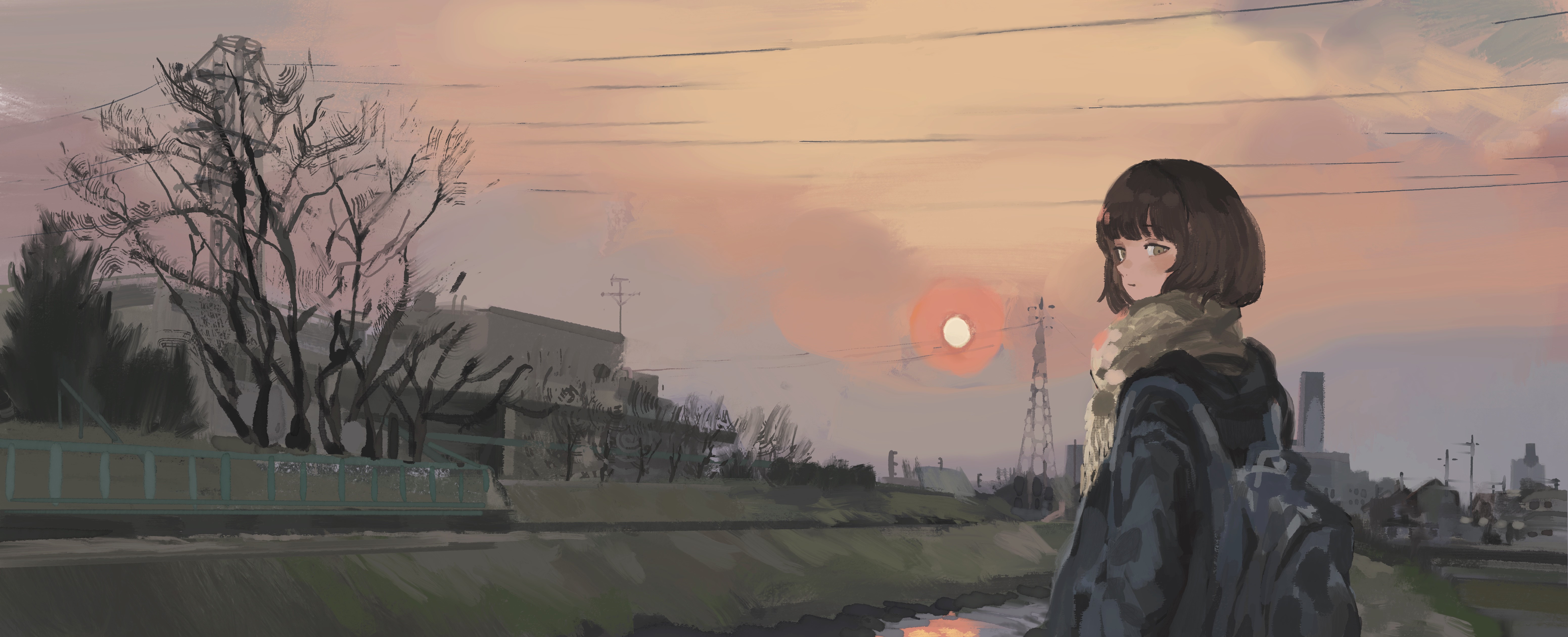 Anime girl watching sunset by river HD Wallpaper