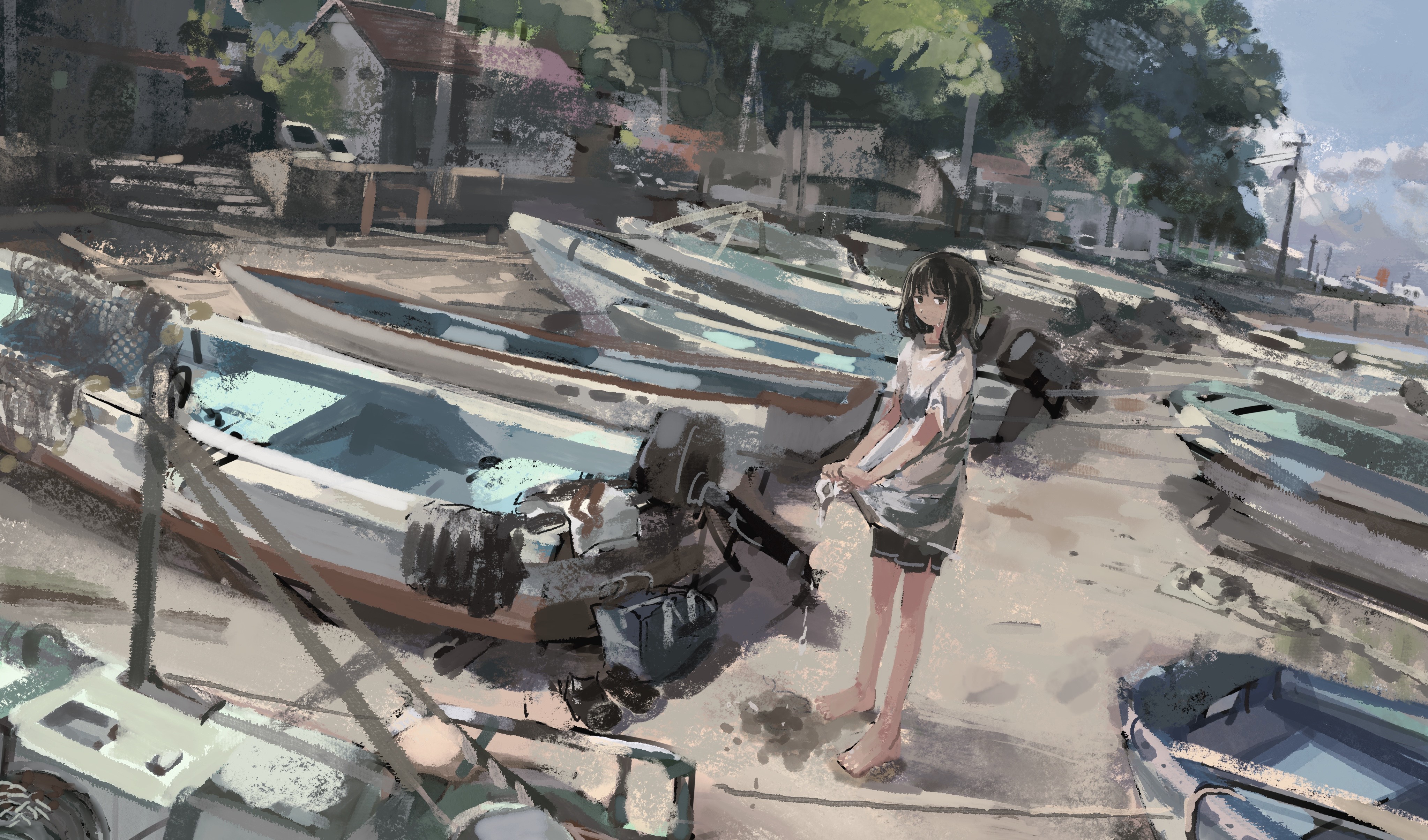 Anime girl by boats on a beach HD Wallpaper